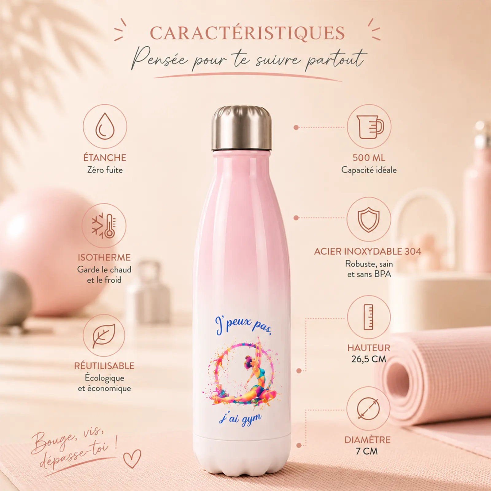 Bouteille isotherme dégradé rose et blanc, gymnaste aquarelle colorée et texte « J'peux pas, j'ai gym »