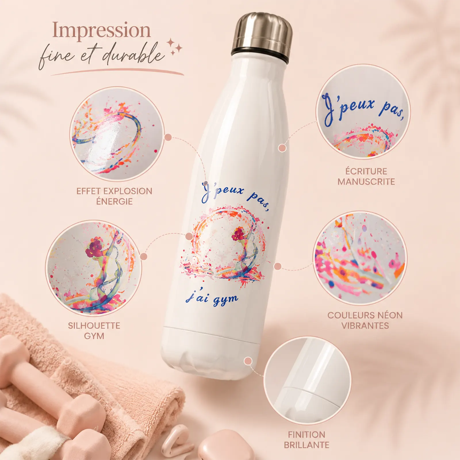 Bouteille isotherme blanche brillante, gymnaste aquarelle multicolore et texte « J'peux pas, j'ai gym » en bleu