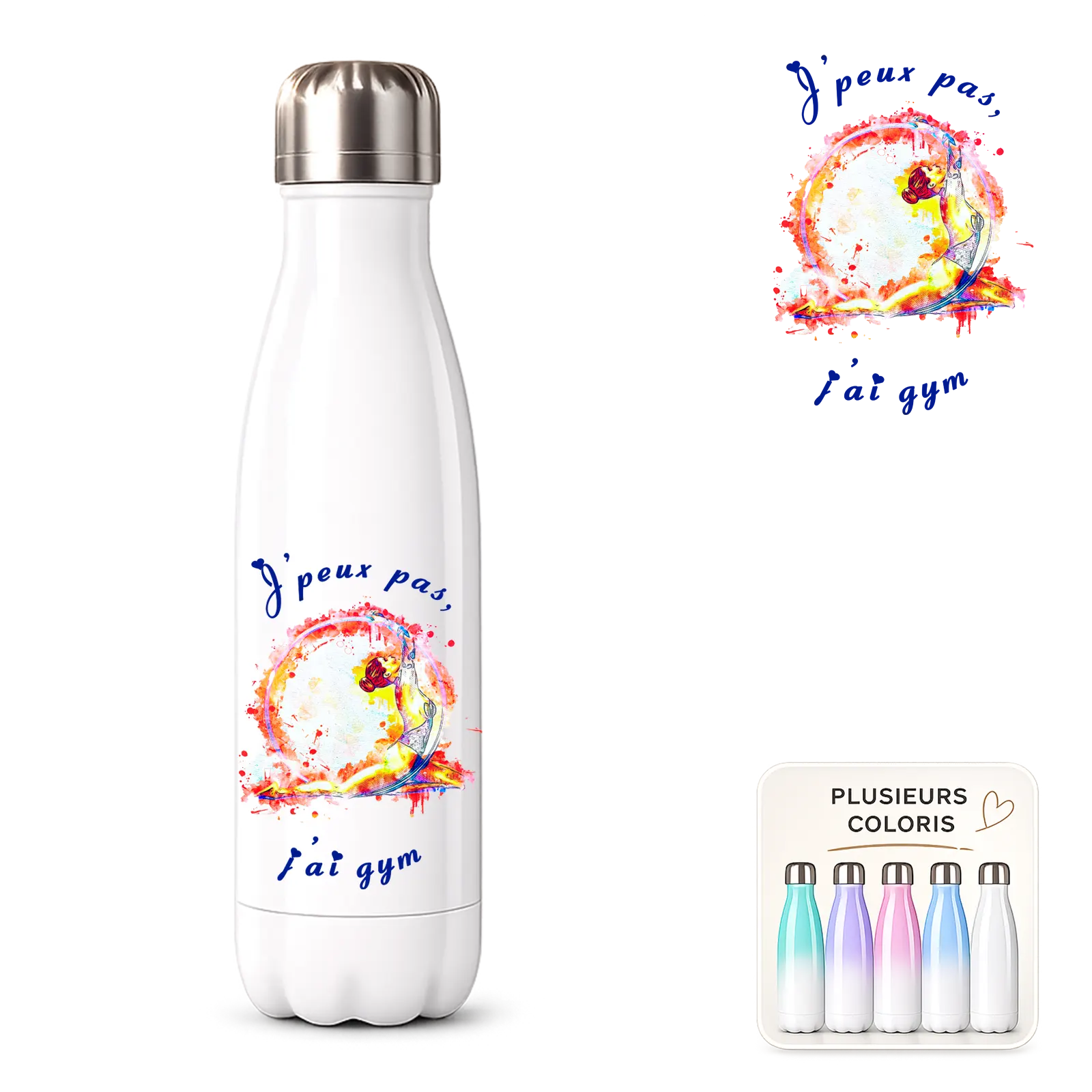Bouteille isotherme blanche à personnaliser, imprimée d'une gymnaste en aquarelle et du texte J'peux pas, j'ai gym