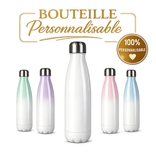 Bouteille isotherme à personnaliser, forme bowling, bouchon inox, en dégradés vert d'eau, lilas, rose, bleu et blanc