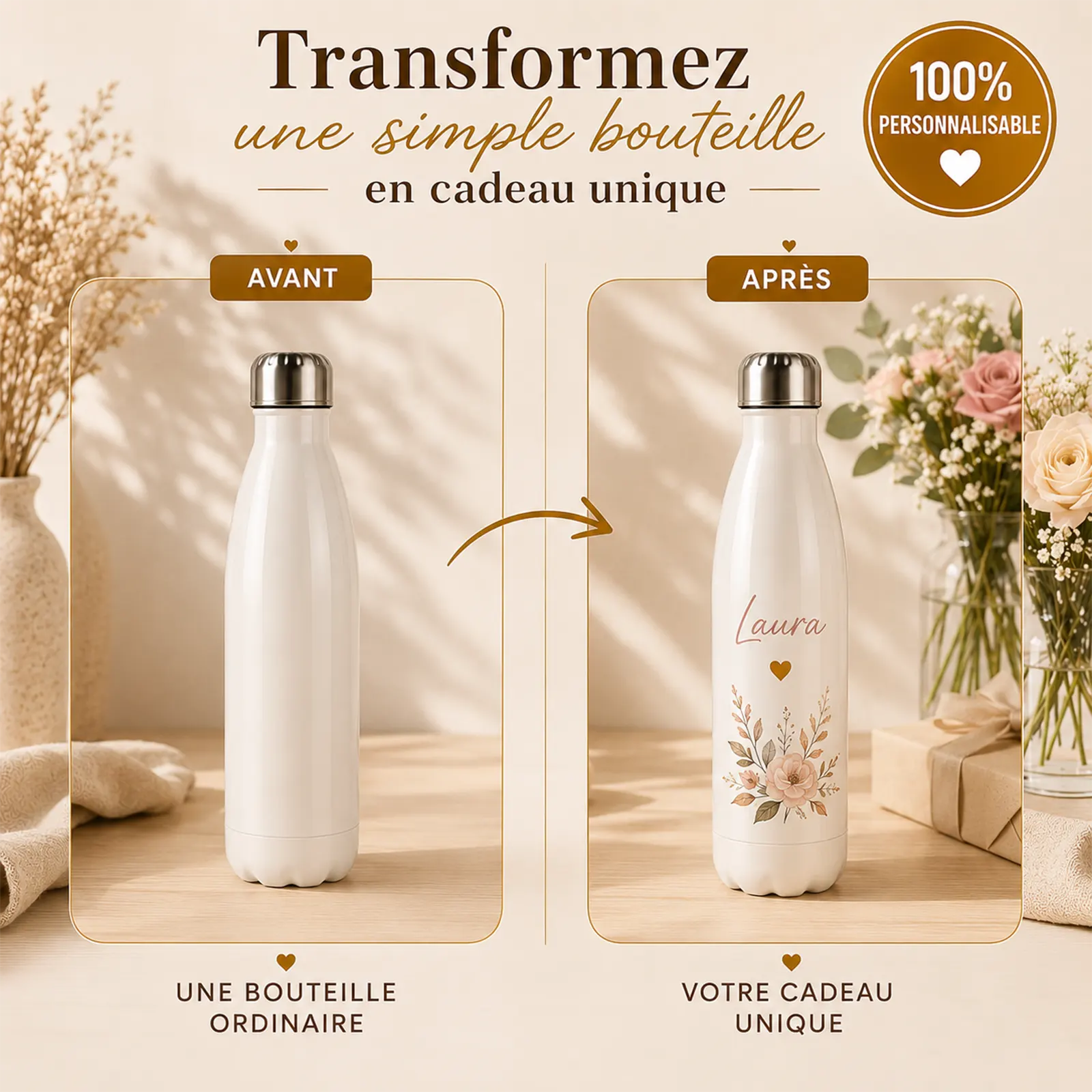 Bouteille isotherme blanche à bouchon inox, comparaison avant/après montrant un décor floral et un prénom à personnaliser