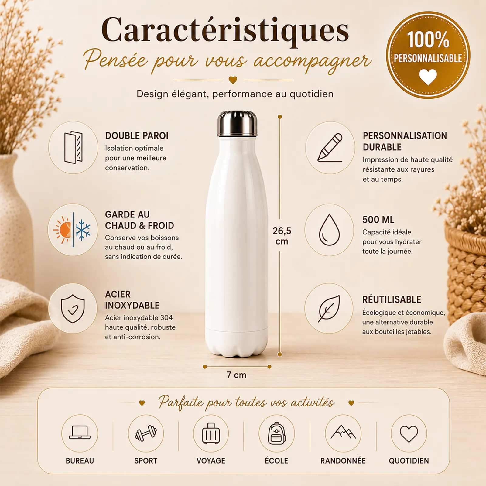 Bouteille isotherme blanche en acier inoxydable présentée avec ses caractéristiques : double paroi, 500 ml