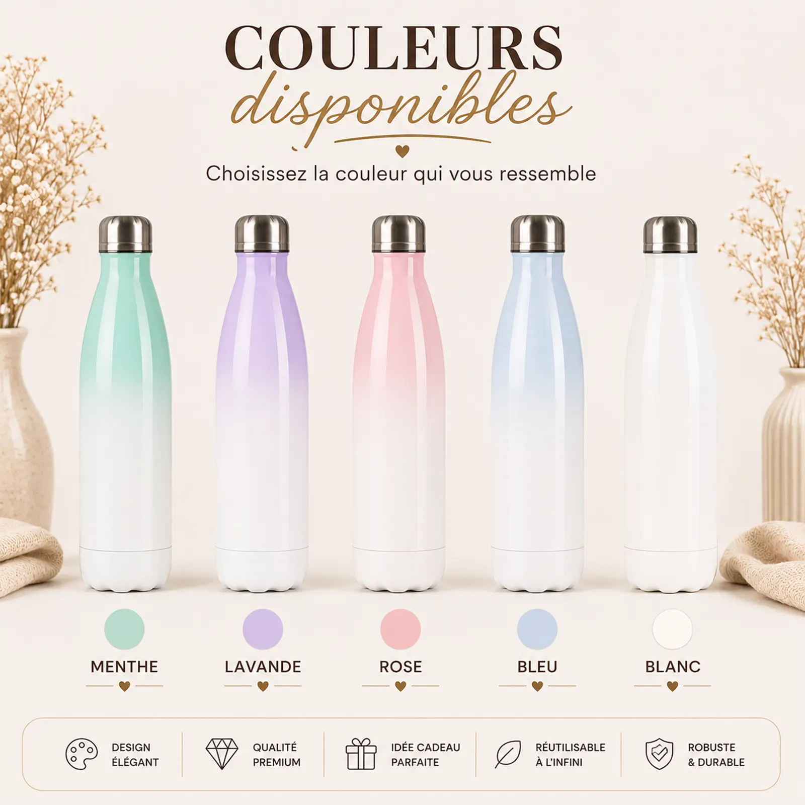 Cinq bouteilles isothermes dégradées alignées, en menthe, lavande, rose, bleu et blanc