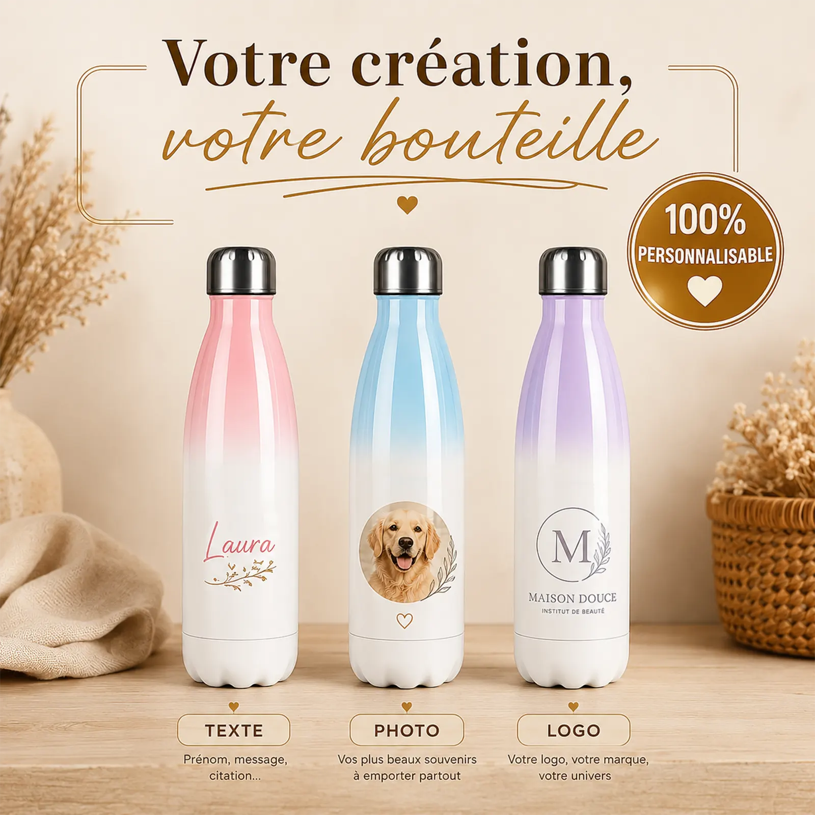 Trois bouteilles isothermes dégradées rose, bleu et lavande avec prénom, photo de chien et logo à personnaliser