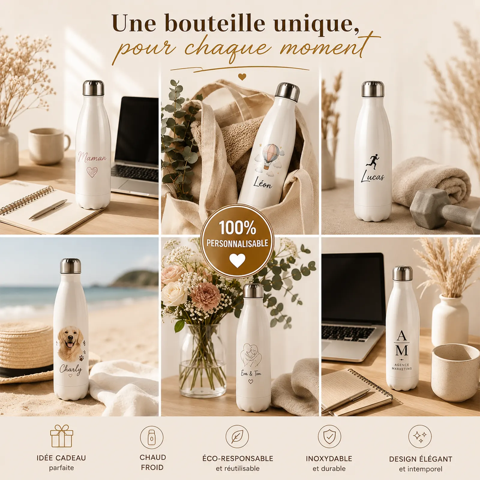 Bouteilles isothermes blanches mises en situation avec prénoms, photo de chien et motifs à personnaliser