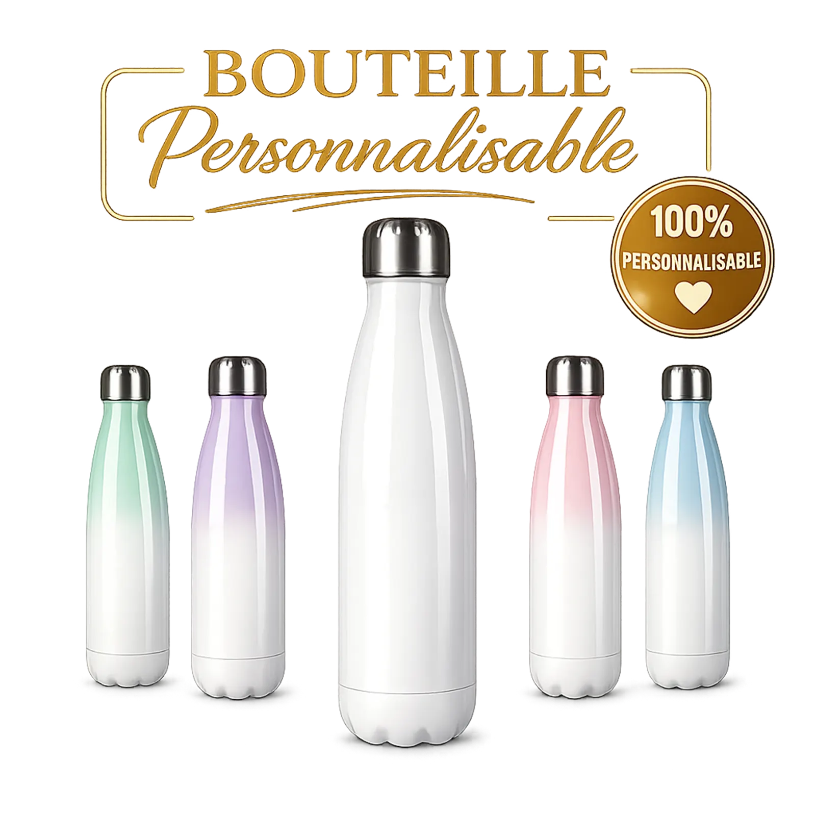 Bouteille isotherme à personnaliser, forme bowling, bouchon inox, en dégradés vert d'eau, lilas, rose, bleu et blanc