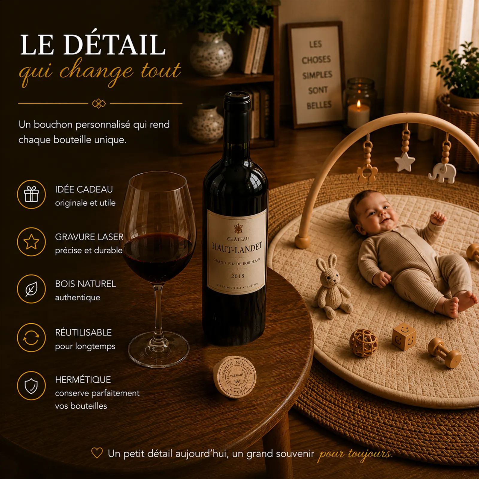 Sur une table, bouchon en bois gravé Certifié meilleur parrain du monde, une bouteille de Bordeaux et un verre de vin rouge