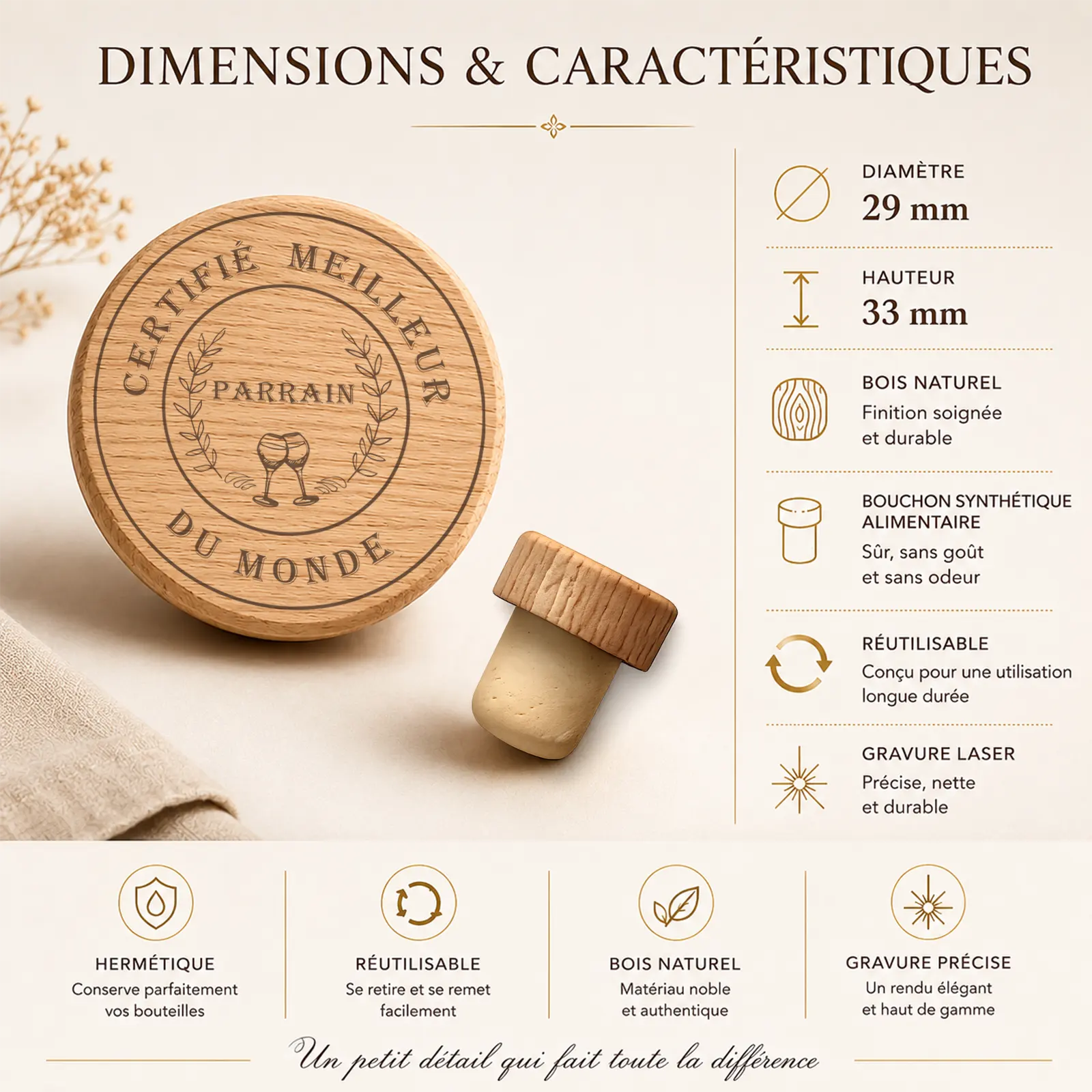 Vue du bouchon en bois et de son embout, dessus gravé du médaillon Certifié meilleur parrain du monde à personnaliser