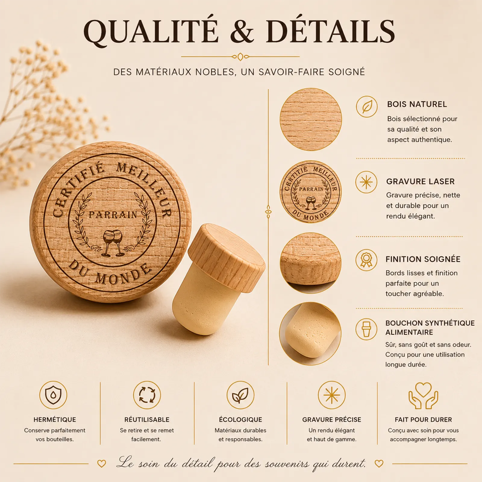 Bouchon de bouteille en bois gravé « Certifié meilleur parrain du monde » en médaillon à couronne de laurier, à personnaliser