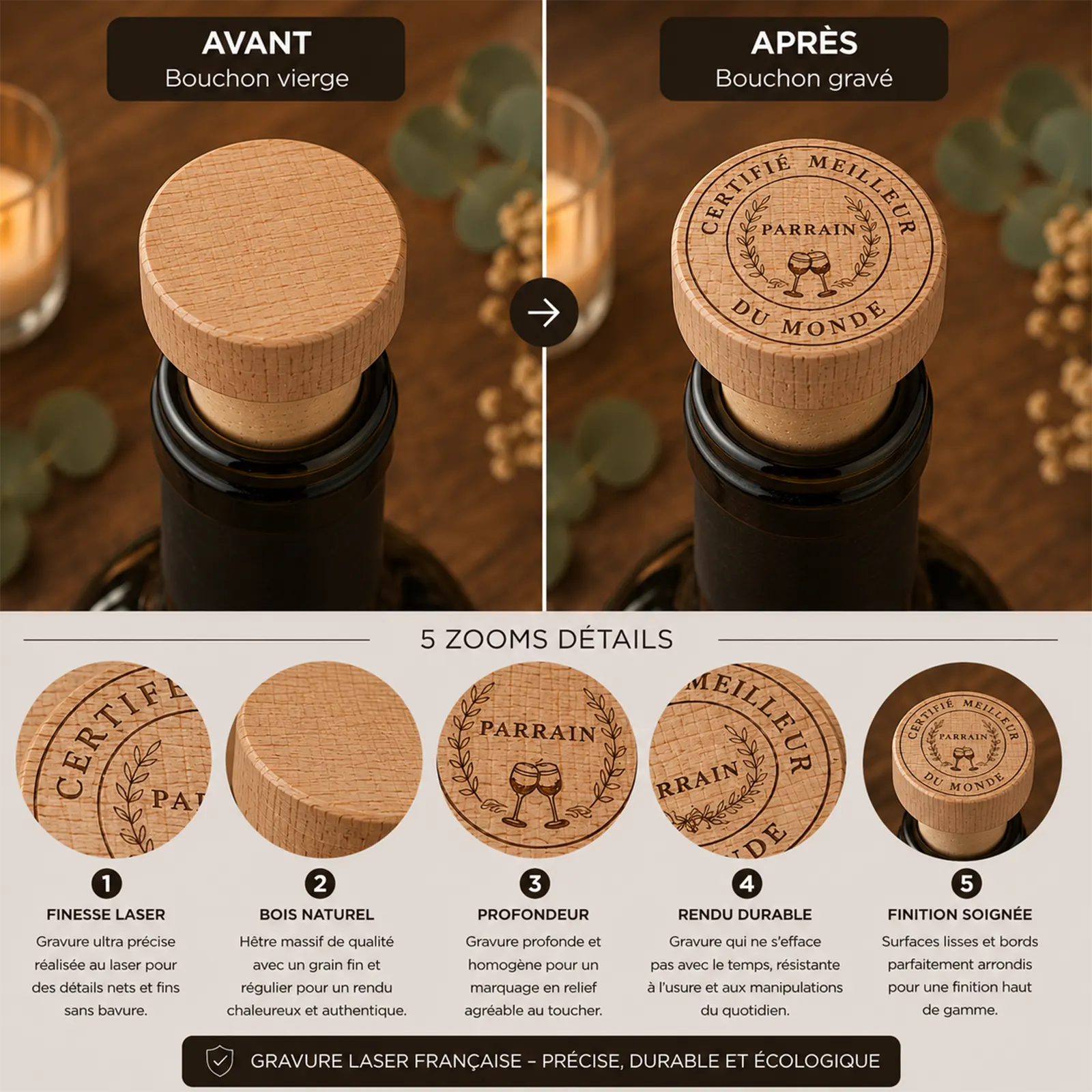 Comparaison avant/après d'un bouchon de bouteille en bois, médaillon gravé Certifié meilleur parrain du monde à personnaliser