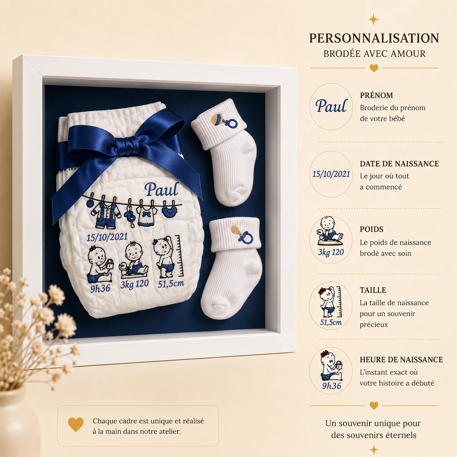 Cadre naissance garçon, couche brodée au prénom Paul avec date, poids, taille et heure de naissance, informations à personnaliser