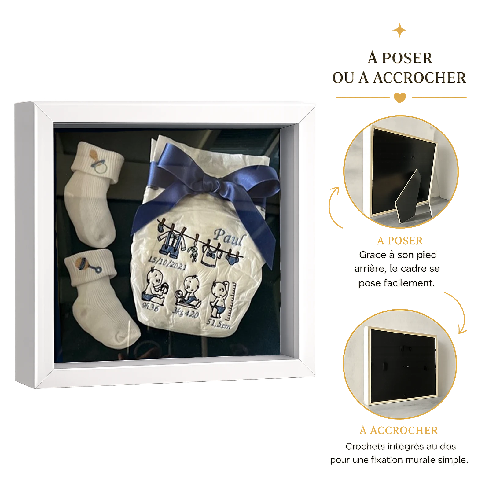 Cadre naissance garçon, couche brodée au prénom Paul avec date et mesures, noeud bleu marine et chaussons blancs