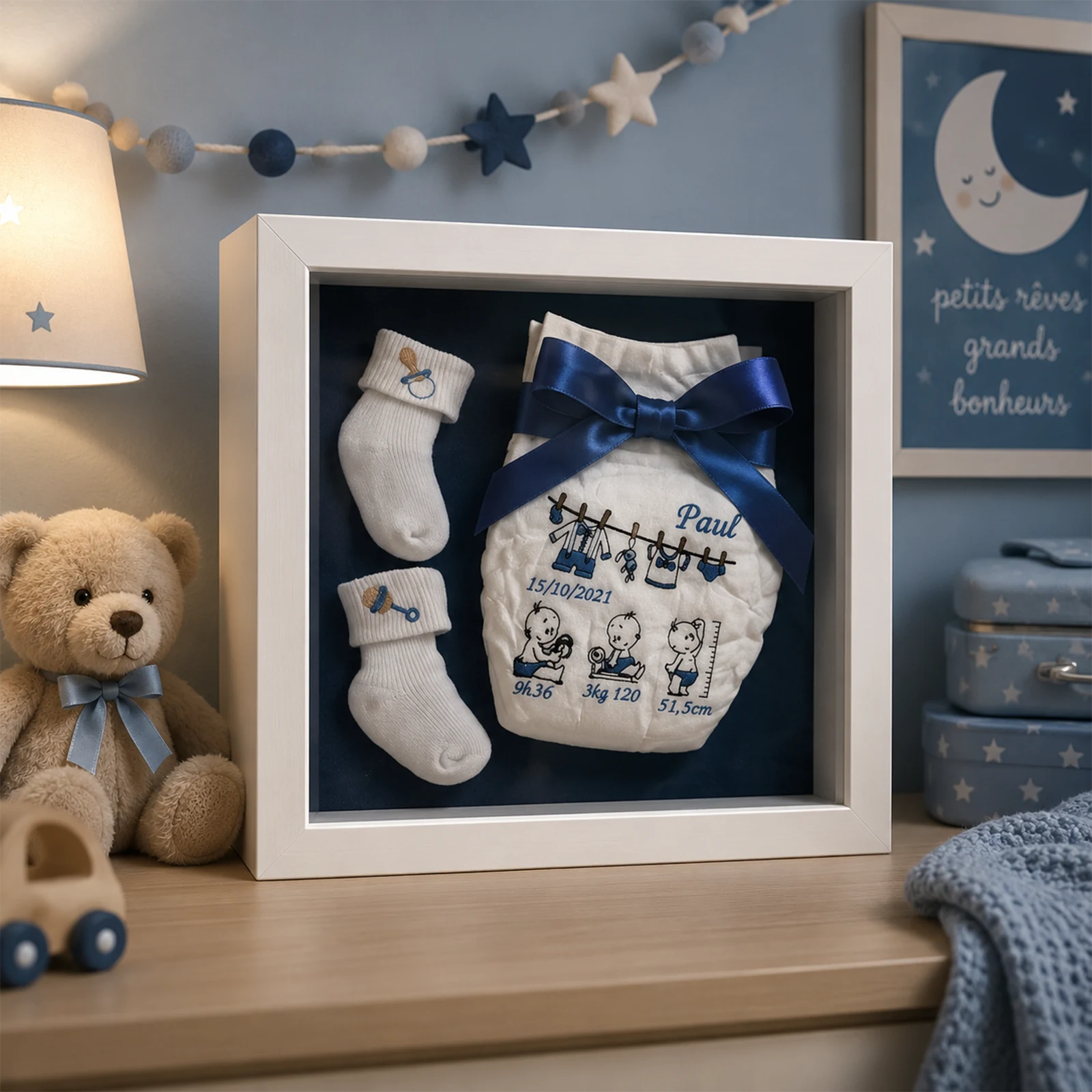 Cadre naissance garçon posé dans une chambre bleue près d'un ours en peluche, couche brodée au prénom Paul sur fond marine