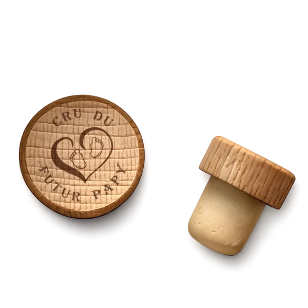 Bouchon de bouteille en bois gravé Cru du futur Papy avec un cœur et des pieds de bébé, à personnaliser