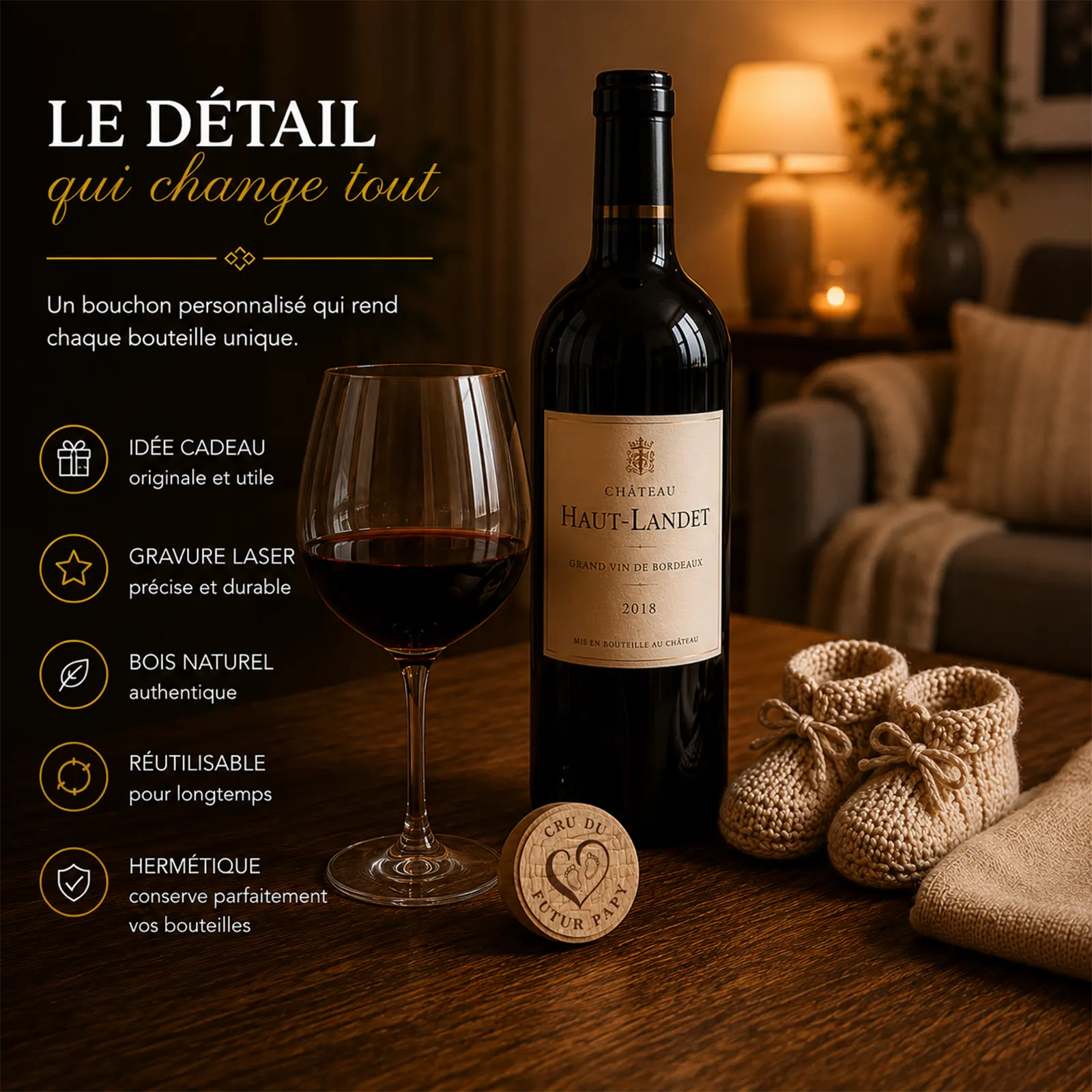 Bouchon en bois gravé « Cru du futur papy » près d'une bouteille de vin, d'un verre de rouge et de chaussons