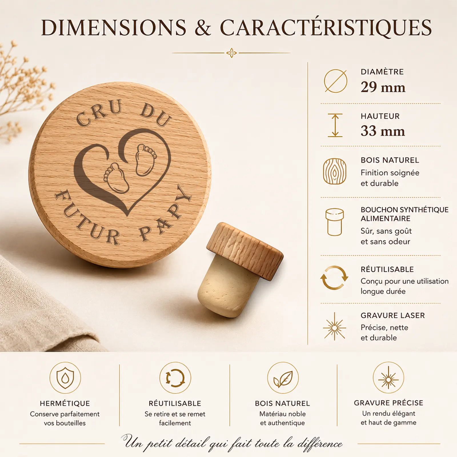 Bouchon de bouteille en bois gravé « Cru du futur papy », cœur et pieds de bébé, visuel des dimensions