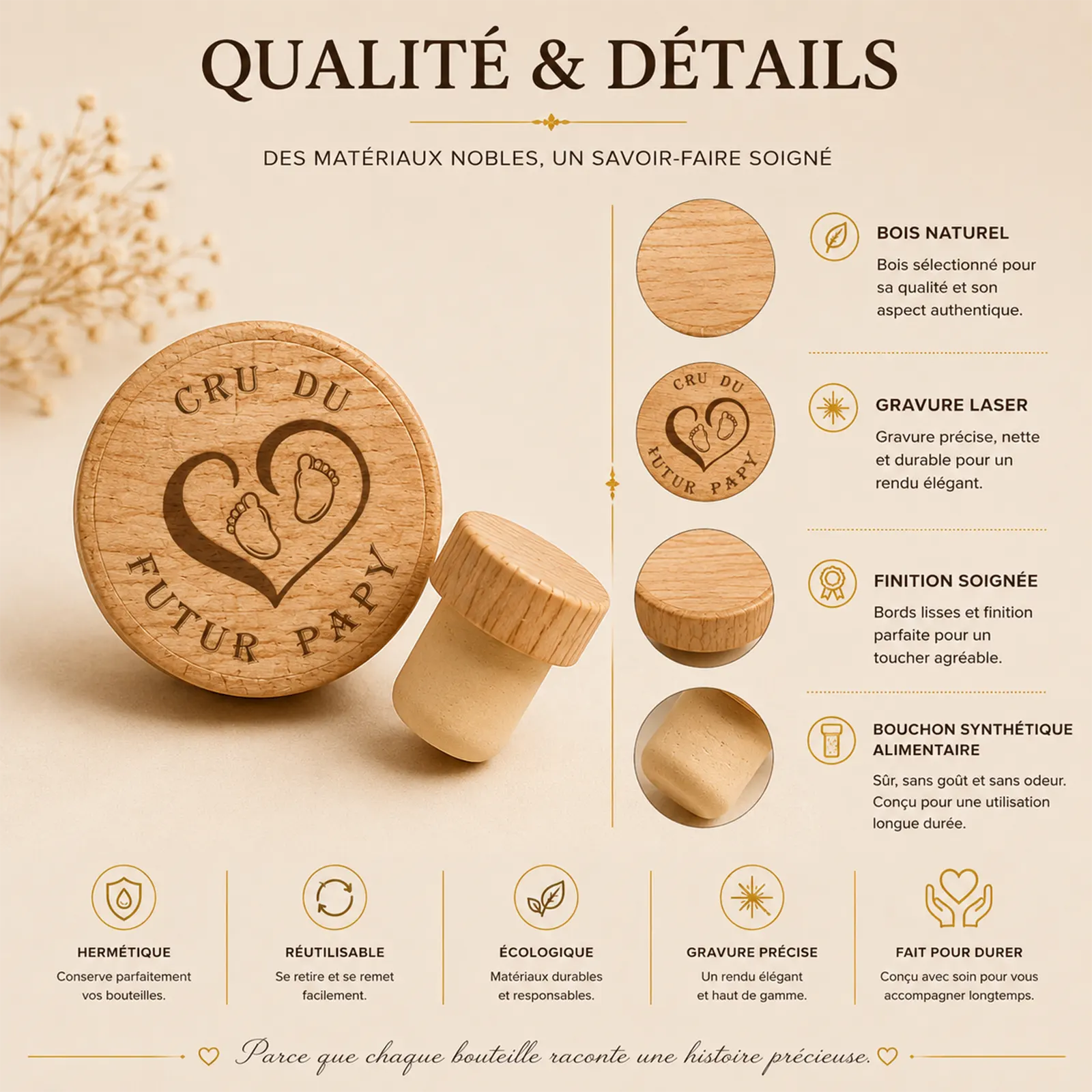 Bouchon de bouteille en bois gravé « Cru du futur papy » avec cœur et pieds de bébé, texte à personnaliser