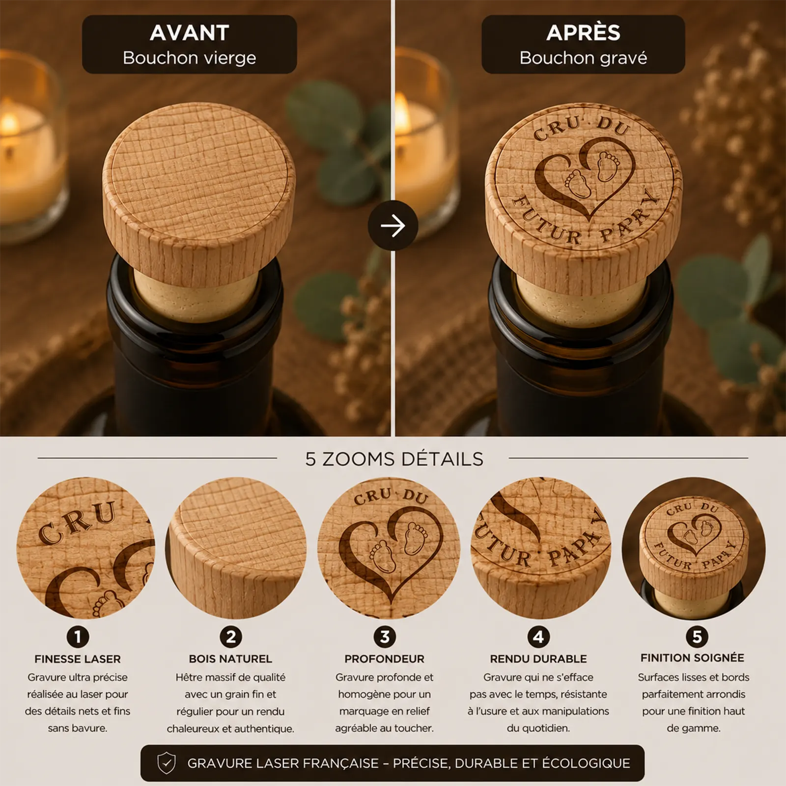 Bouchon en bois vierge puis gravé « Cru du futur papy » avec cœur et petits pieds, sur une bouteille de vin
