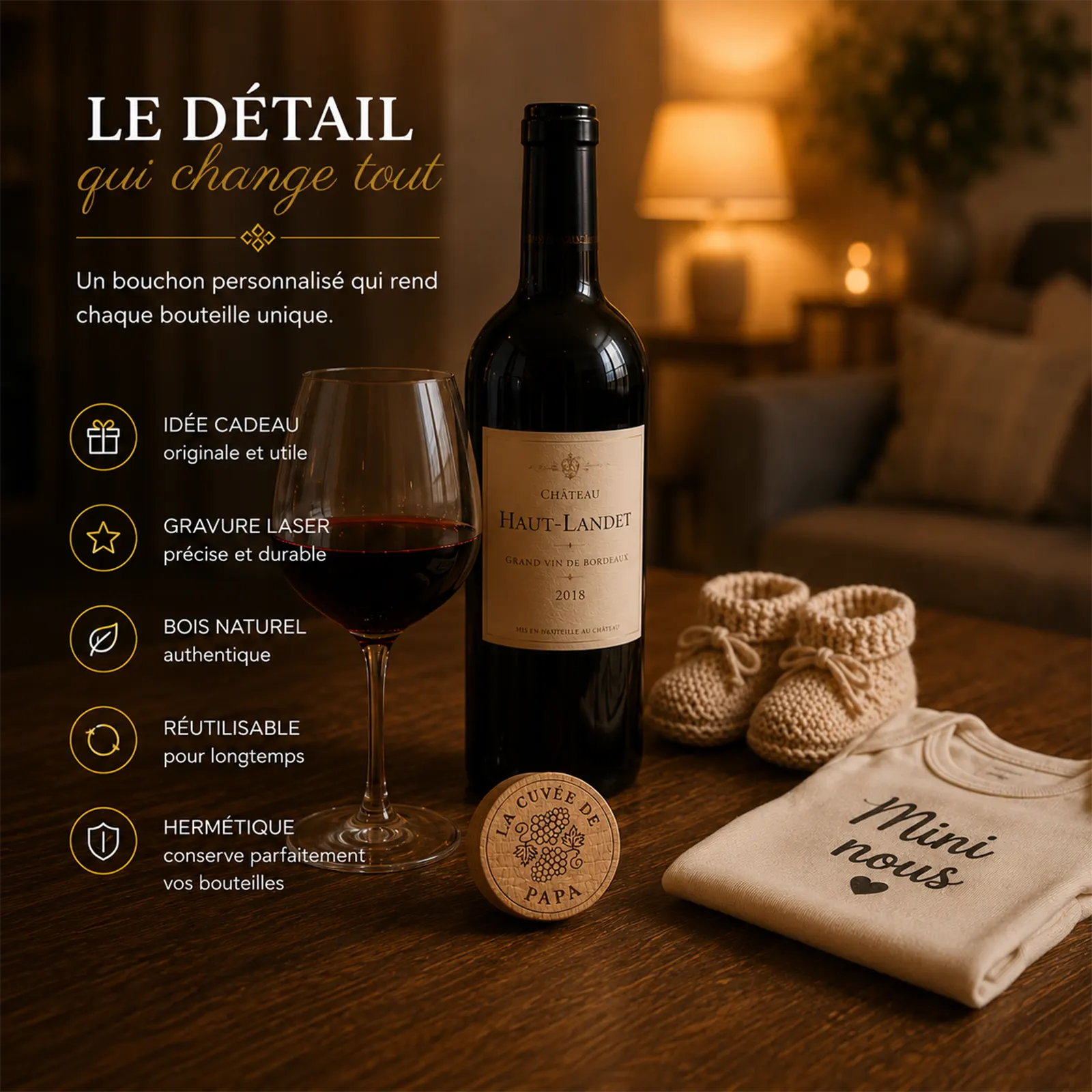 Bouteille de Bordeaux, verre de vin rouge, chaussons bébé et bouchon en bois gravé La Cuvée de Papa sur une table