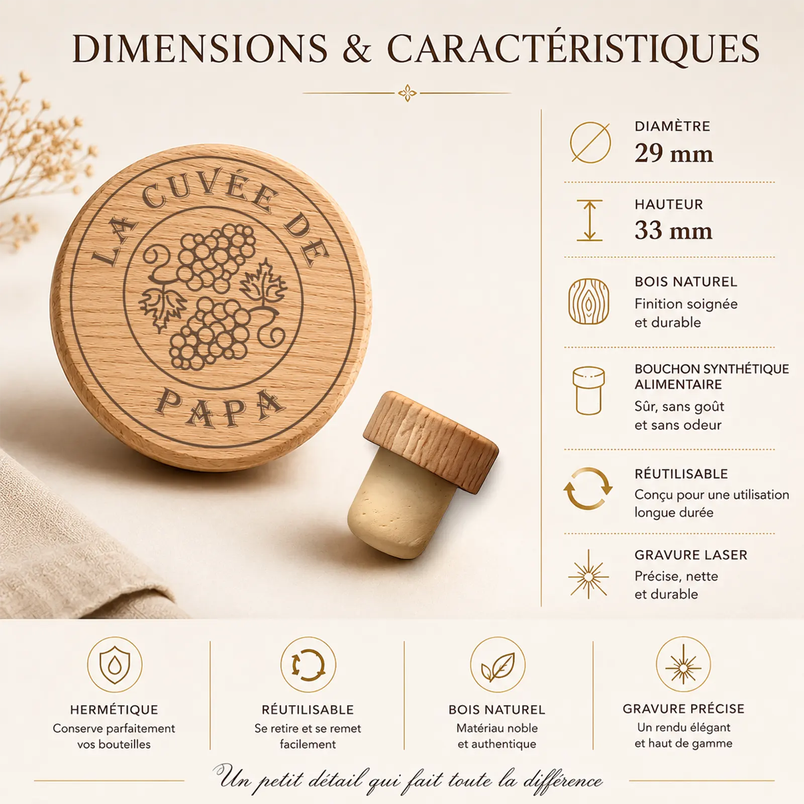 Vue du bouchon en bois gravé La Cuvée de Papa et grappes de raisin, avec son embout, mention à personnaliser