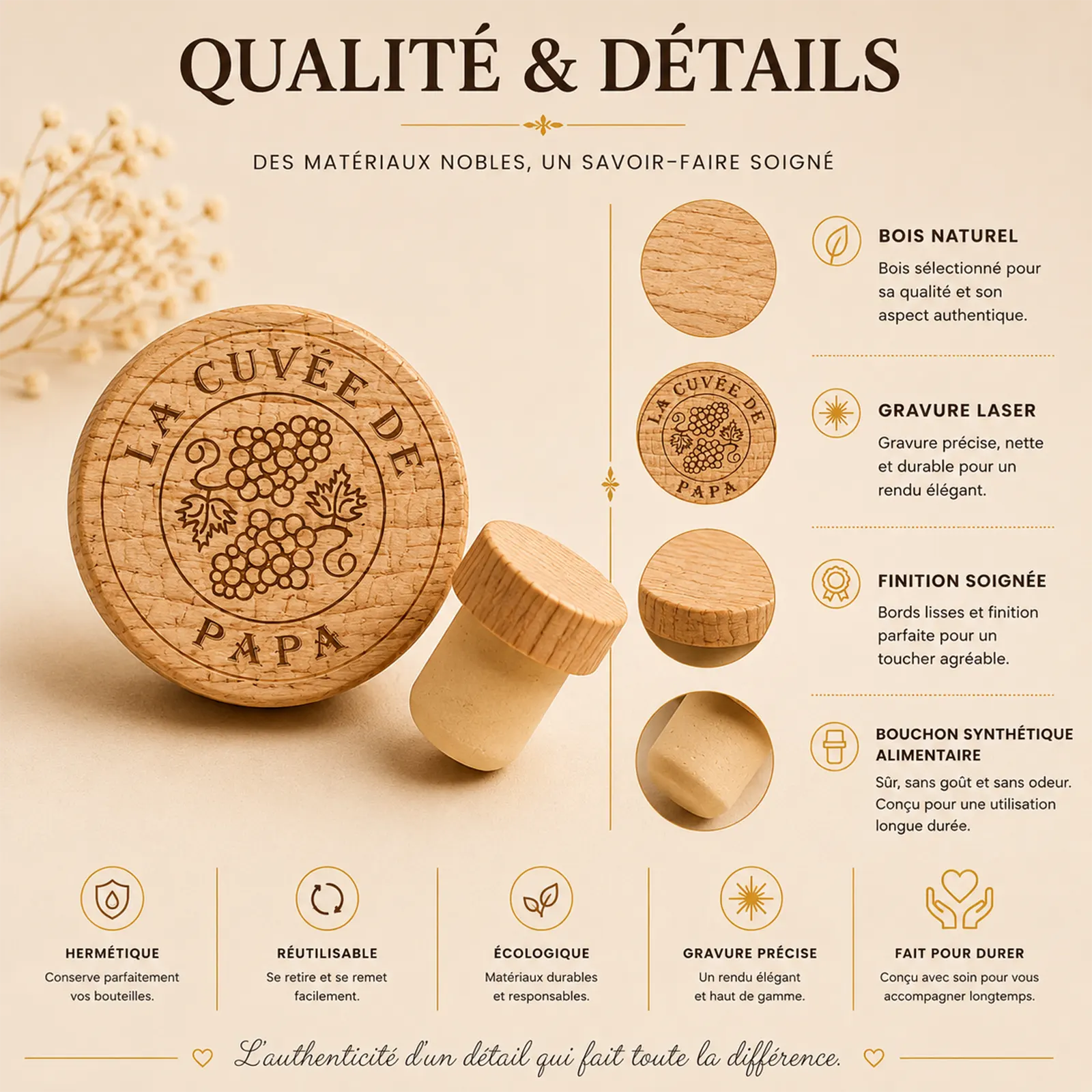 Bouchon de bouteille en bois gravé La Cuvée de Papa à personnaliser, médaillon de grappes de raisin, avec son embout