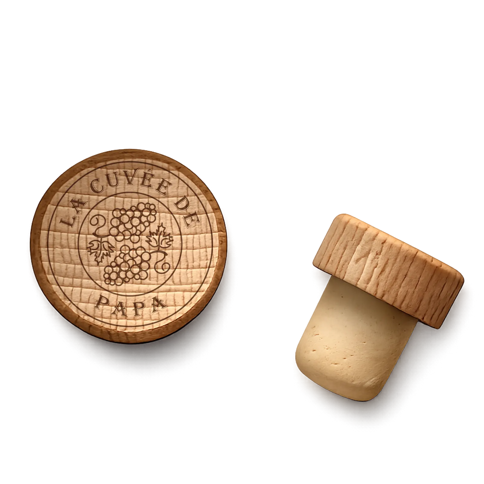 Bouchon de bouteille en bois gravé La cuvée de Papa avec grappes de raisin et feuilles de vigne, texte à personnaliser