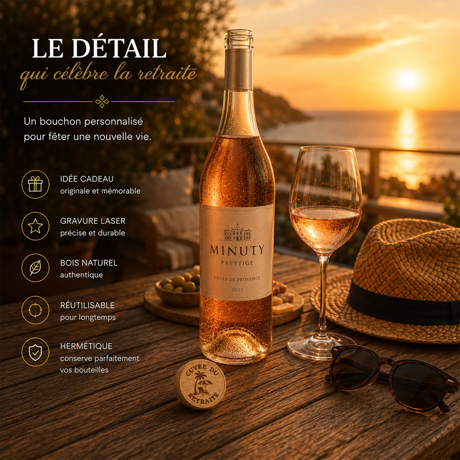 Coucher de soleil en bord de mer, bouteille de rosé, chapeau de paille et bouchon en bois gravé Cuvée du retraité