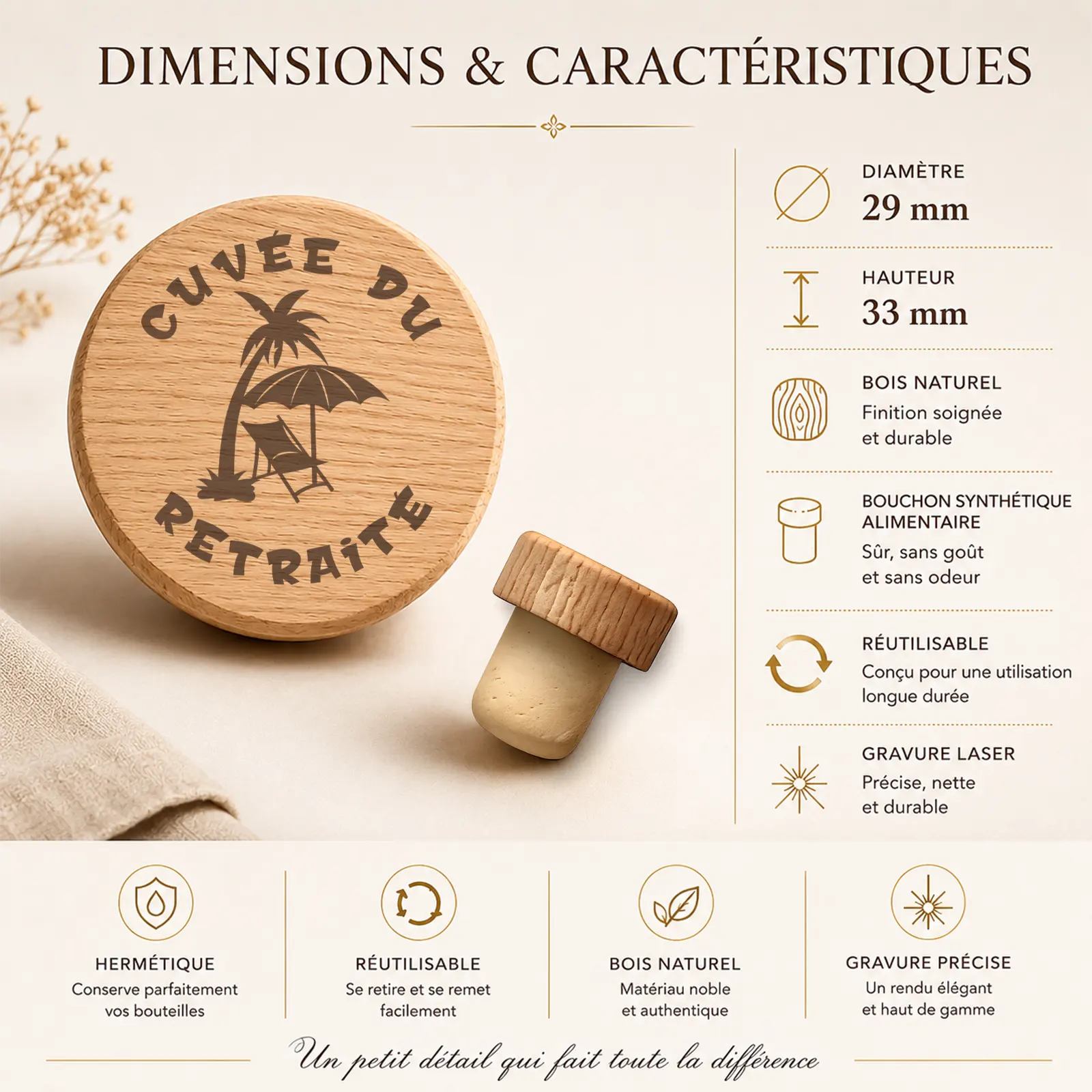 Vue du bouchon en bois gravé Cuvée du retraité avec palmier et transat, présenté avec son embout