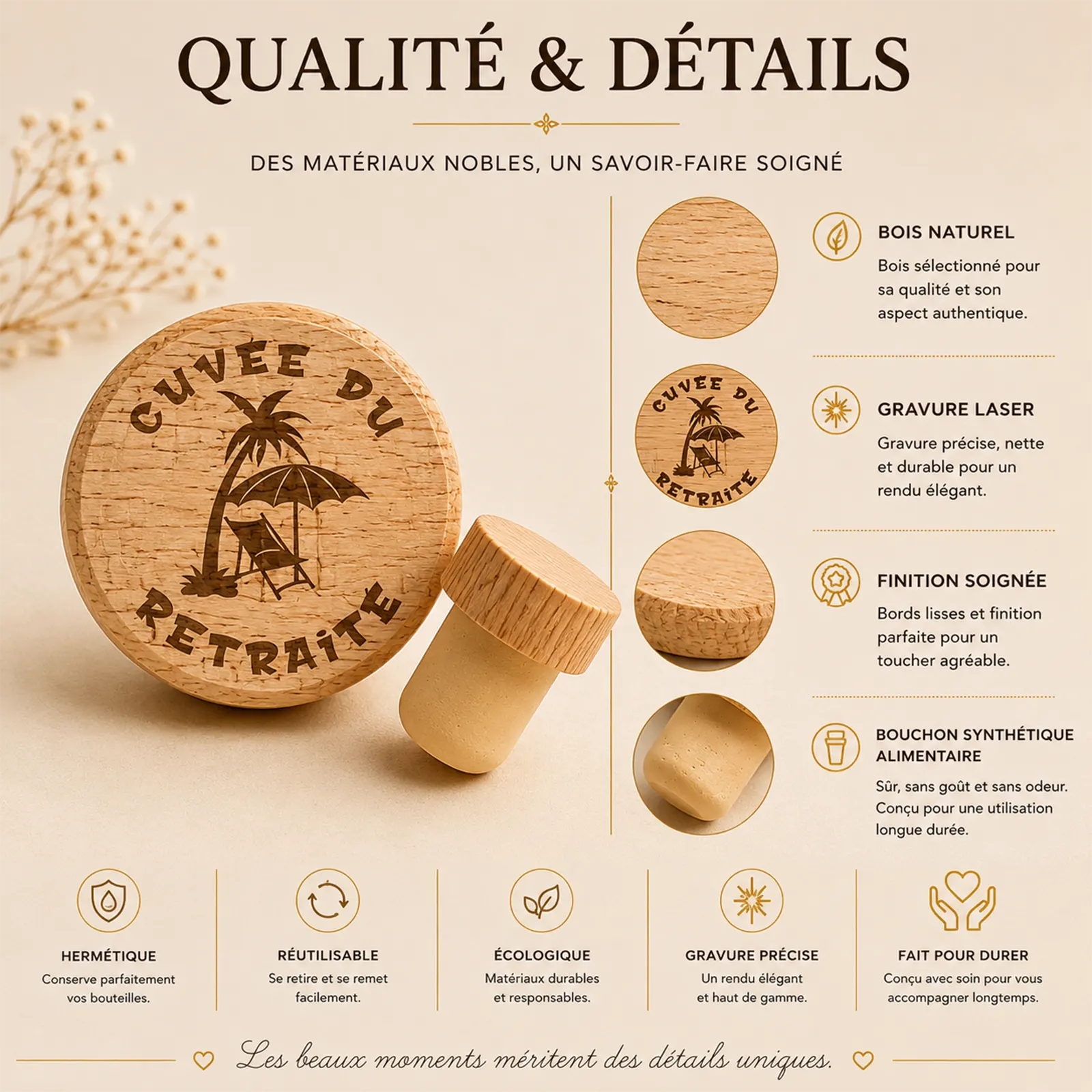 Bouchon de bouteille en bois gravé Cuvée du retraité, palmier, transat et parasol, présenté avec son embout