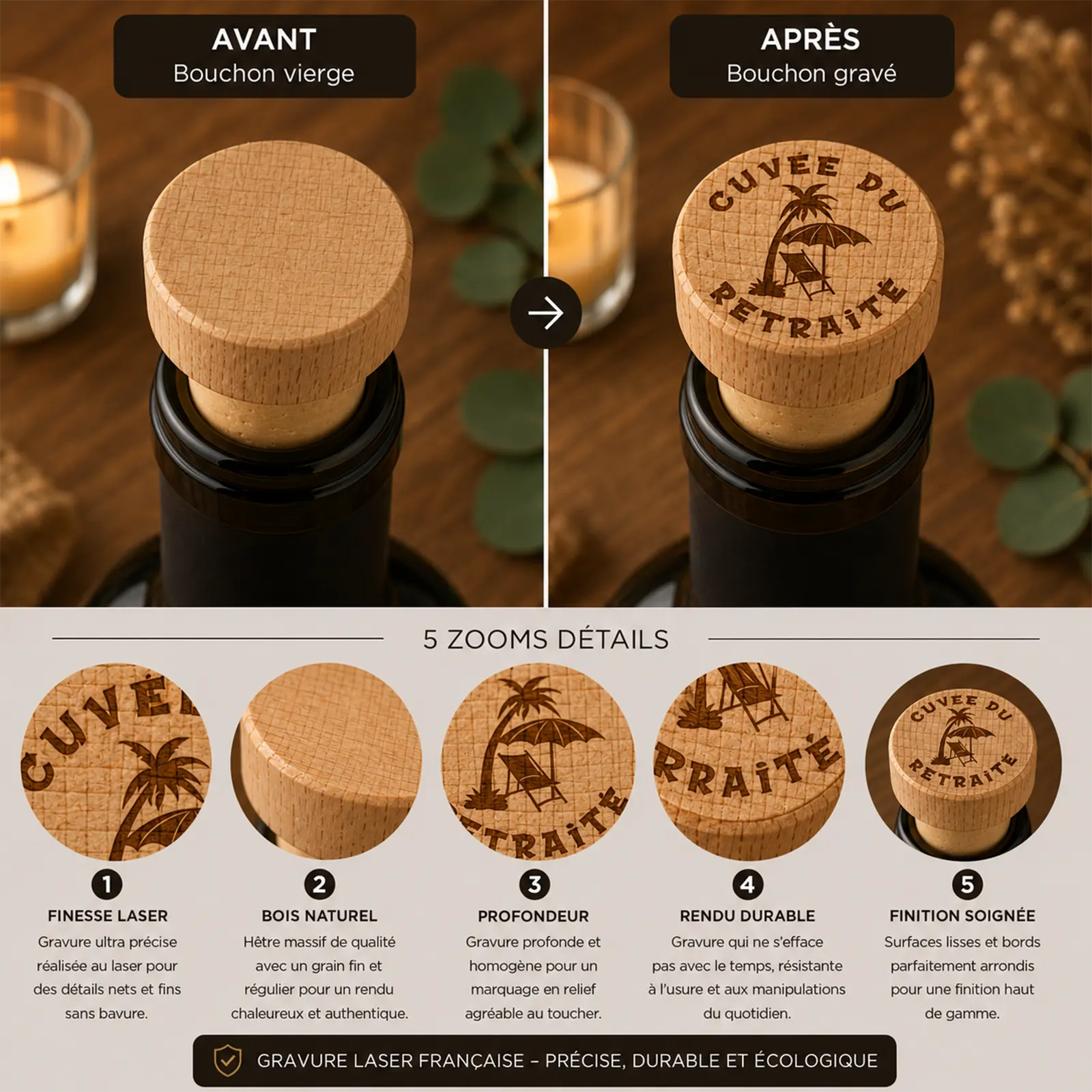 Comparaison avant/après d'un bouchon en bois, gravé Cuvée du retraité avec palmier, transat et parasol