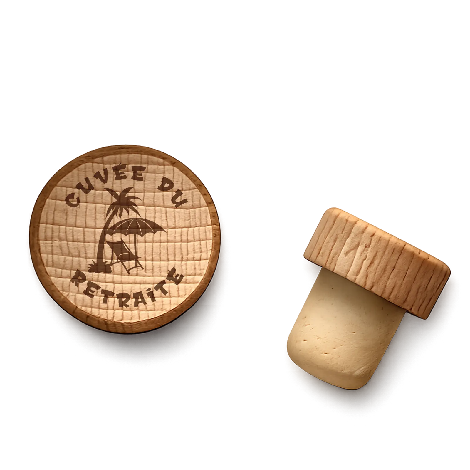 Bouchon de bouteille en bois gravé Cuvée du retraité avec palmier, parasol et transat de plage