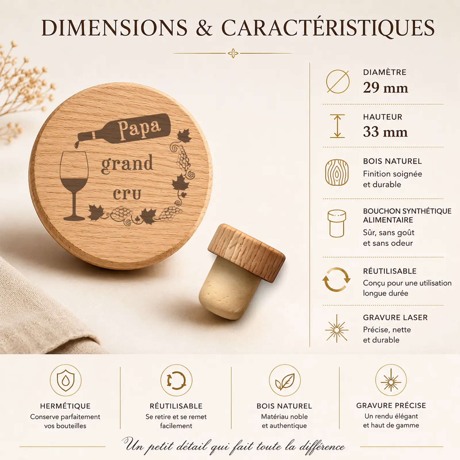 Gros plan du bouchon en bois gravé Papa grand cru et grappes de raisin, avec son embout, mention à personnaliser