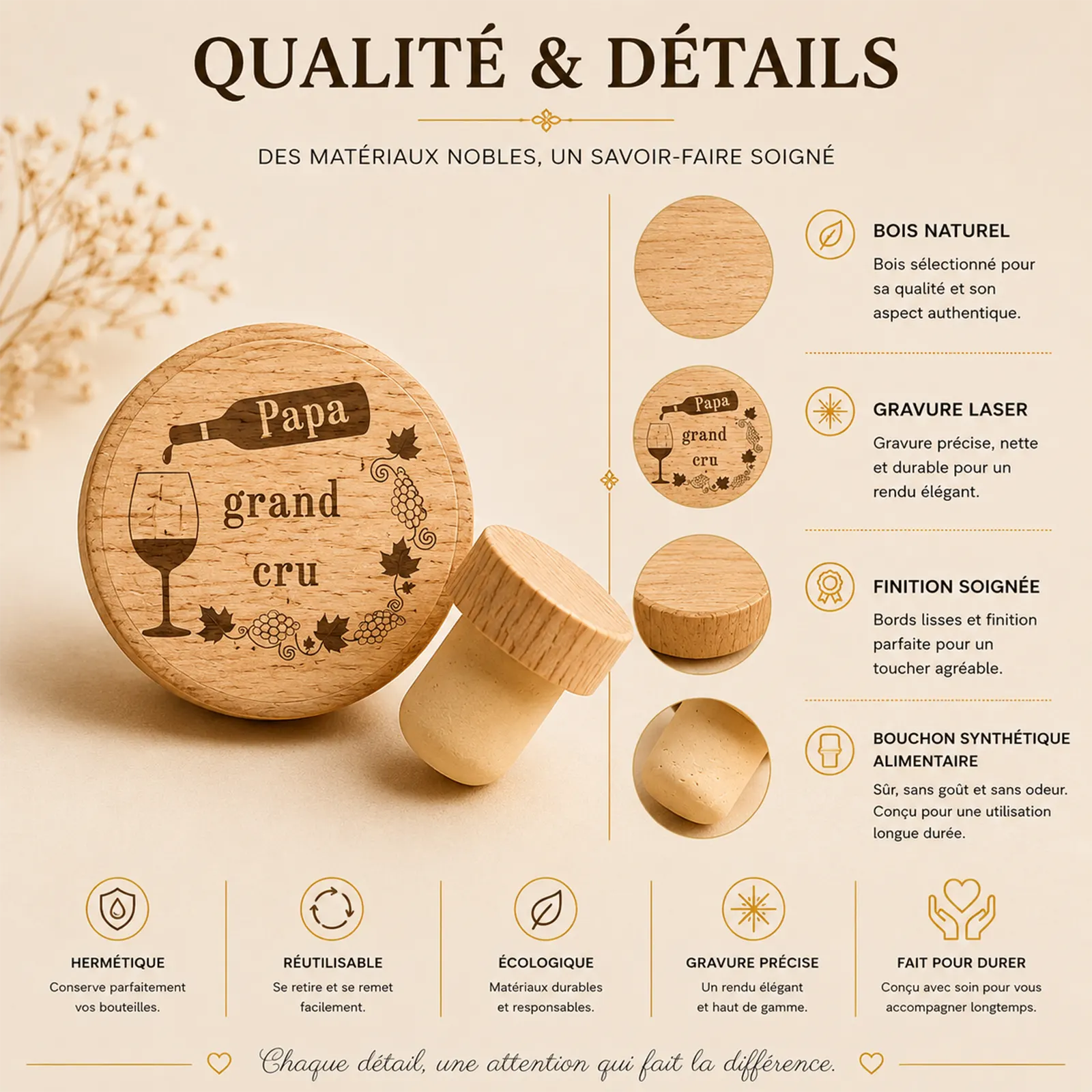 Bouchon de bouteille en bois gravé Papa grand cru, bouteille versant un verre et grappes de raisin, à personnaliser
