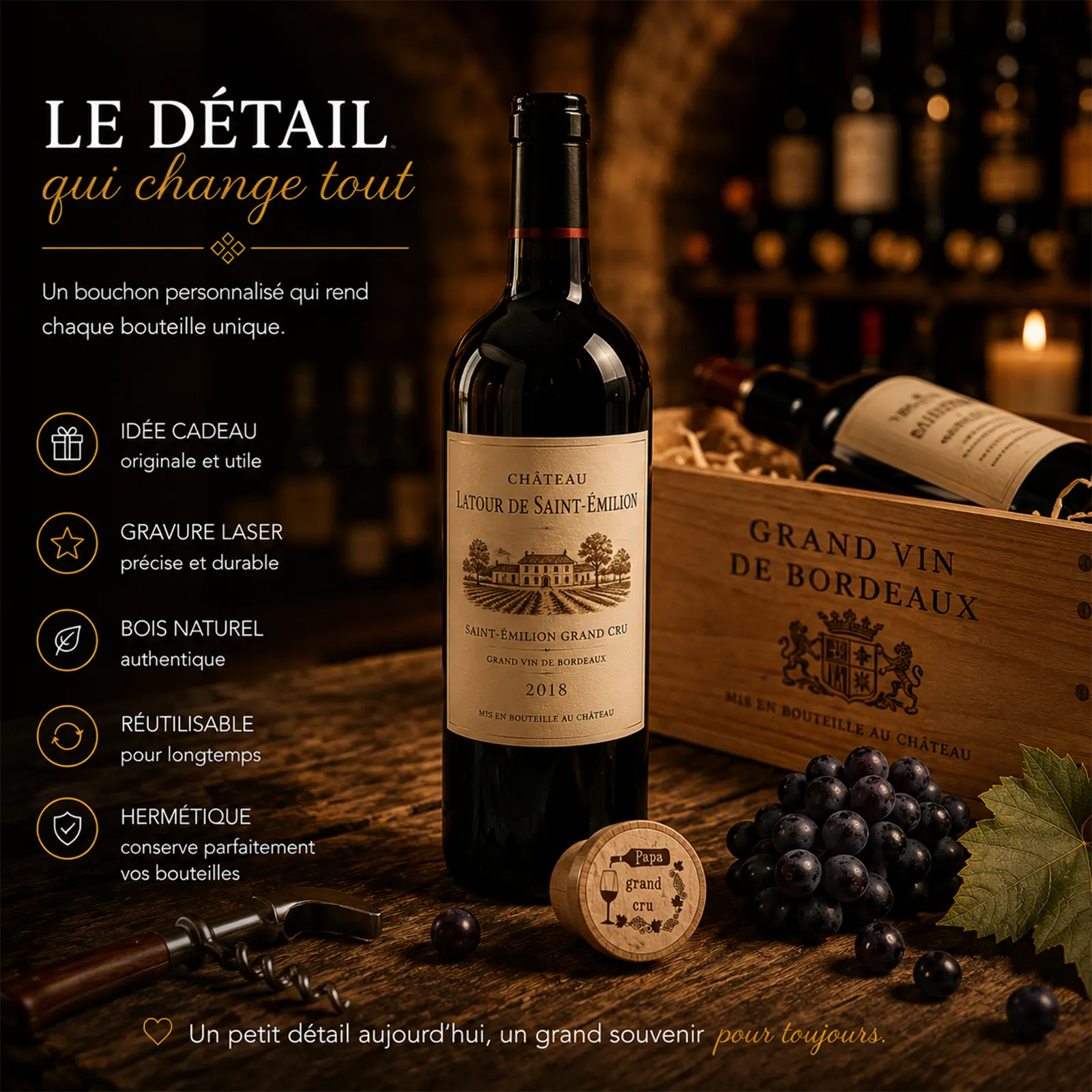 Dans une cave à vin, bouchon en bois gravé Papa grand cru près d'une bouteille de Saint-Émilion et d'une grappe de raisin