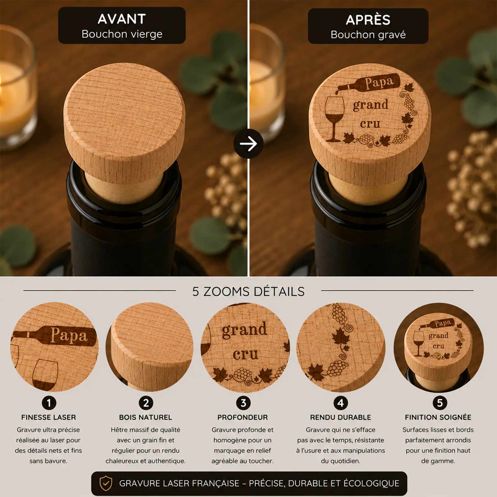 Avant/après d'un bouchon en bois: version vierge puis gravée Papa grand cru avec grappes de raisin, à personnaliser