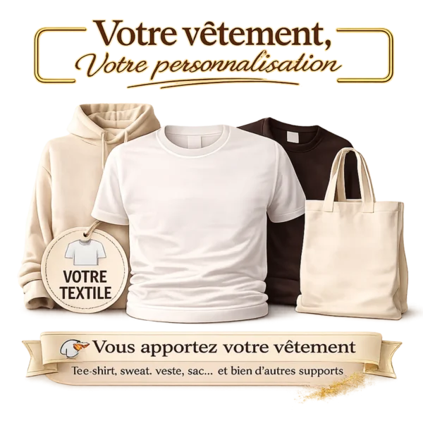 Sweat à capuche beige, tee-shirts blanc et marron et tote bag en toile, supports textiles à personnaliser par impression
