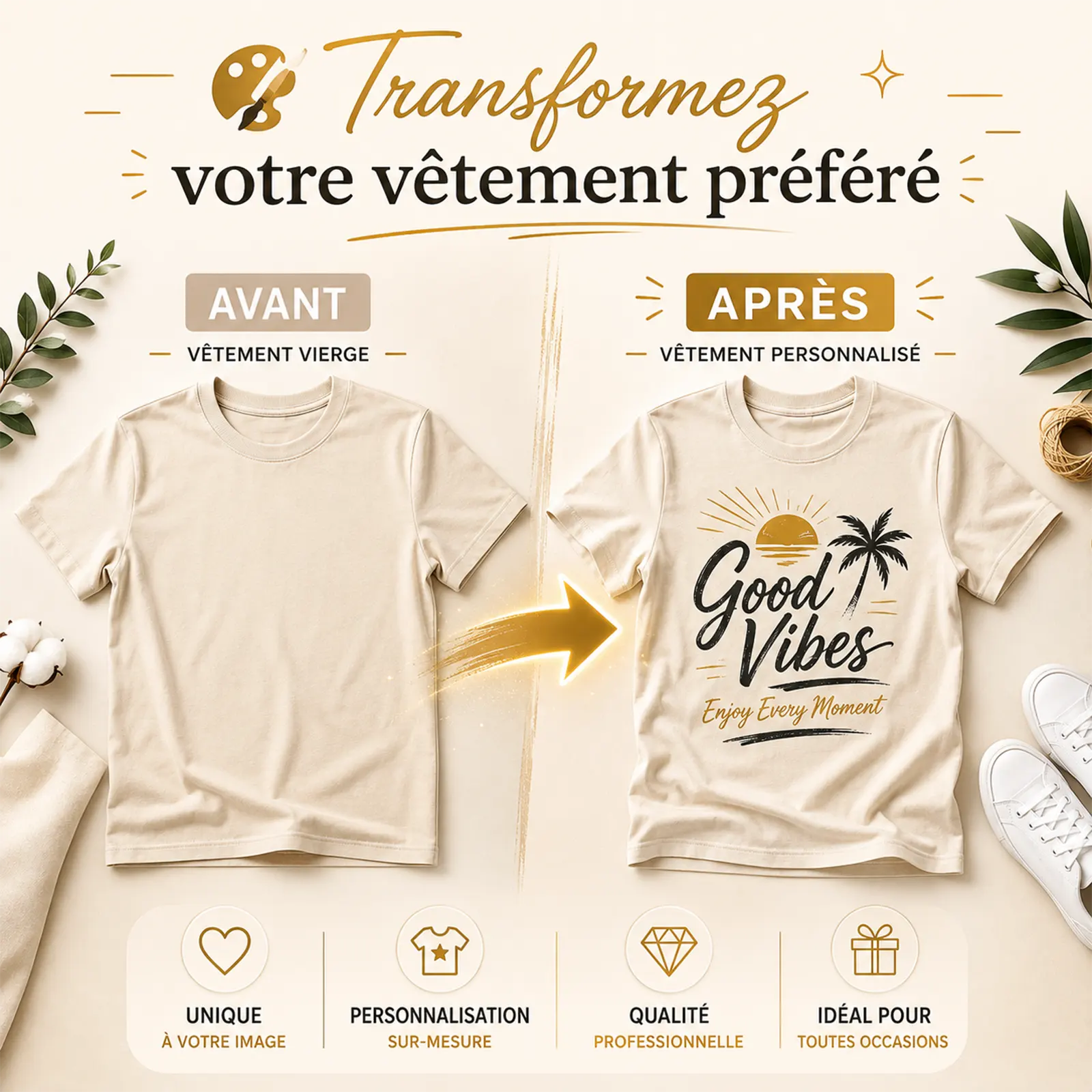 Comparatif avant après d'un tee-shirt beige : vierge, puis imprimé d'un soleil, d'un palmier et du texte Good Vibes