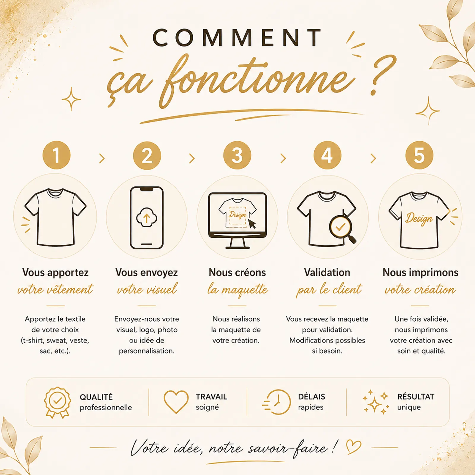 Infographie expliquant les étapes d'impression sur textile, avec pictogrammes de tee-shirts et d'écran de création