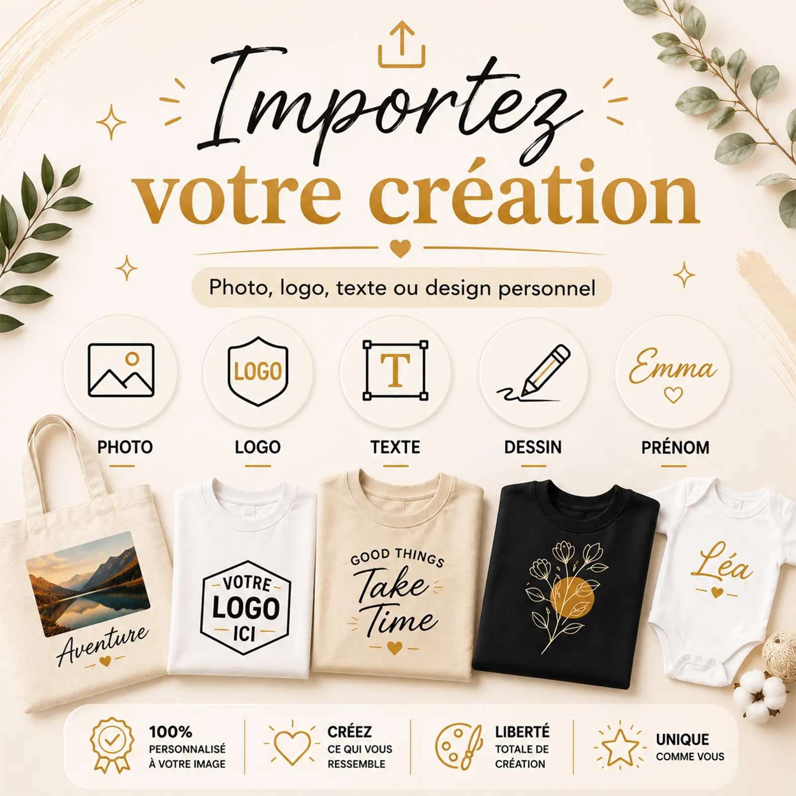 Infographie de personnalisation textile avec tote bag, tee-shirts, sweats et body bébé imprimés de photos et de prénoms