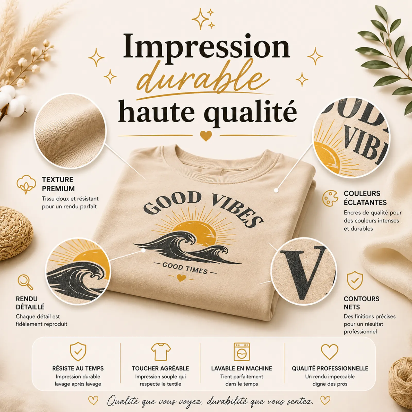 Sweat beige imprimé d'un soleil, de vagues et du texte Good Vibes, avec zooms sur la texture et les contours nets