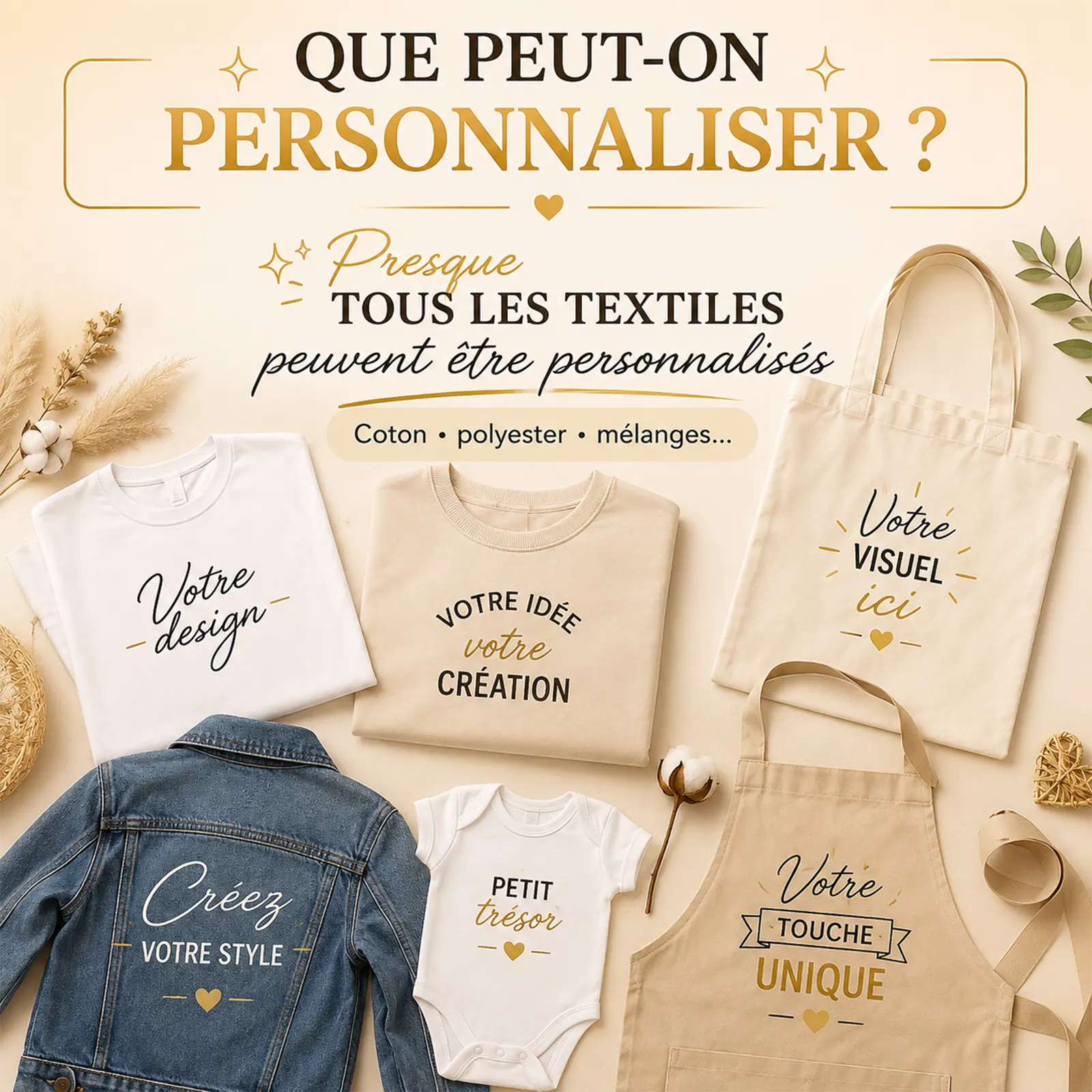 Assortiment de textiles à personnaliser : tee-shirt blanc, sweat beige, tote bag, veste en jean, body bébé et tablier