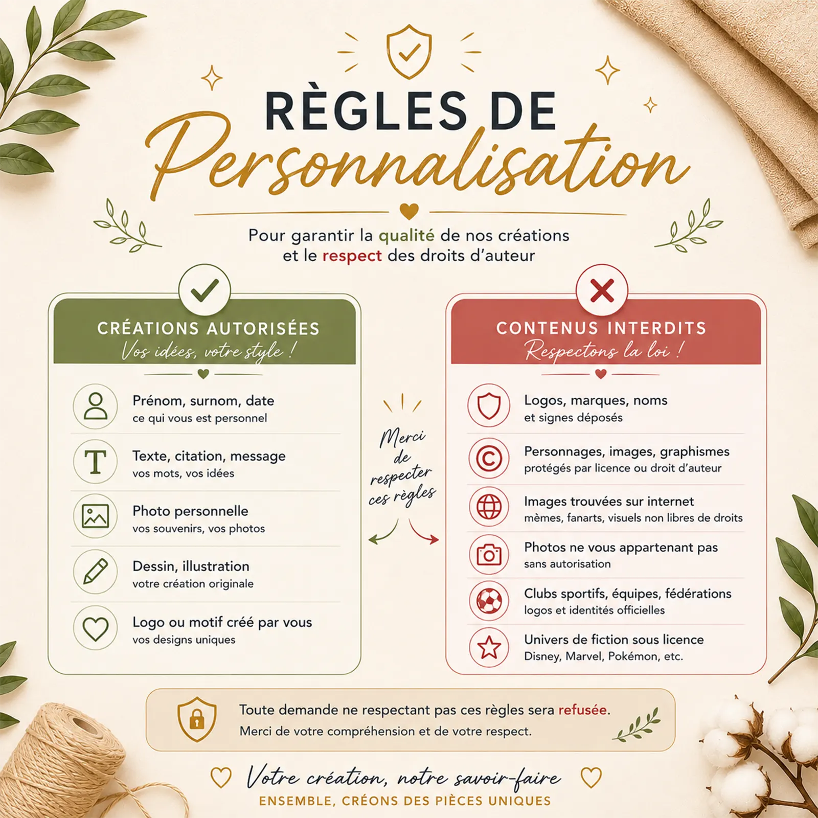 Infographie des règles de personnalisation, avec deux colonnes créations autorisées et contenus interdits