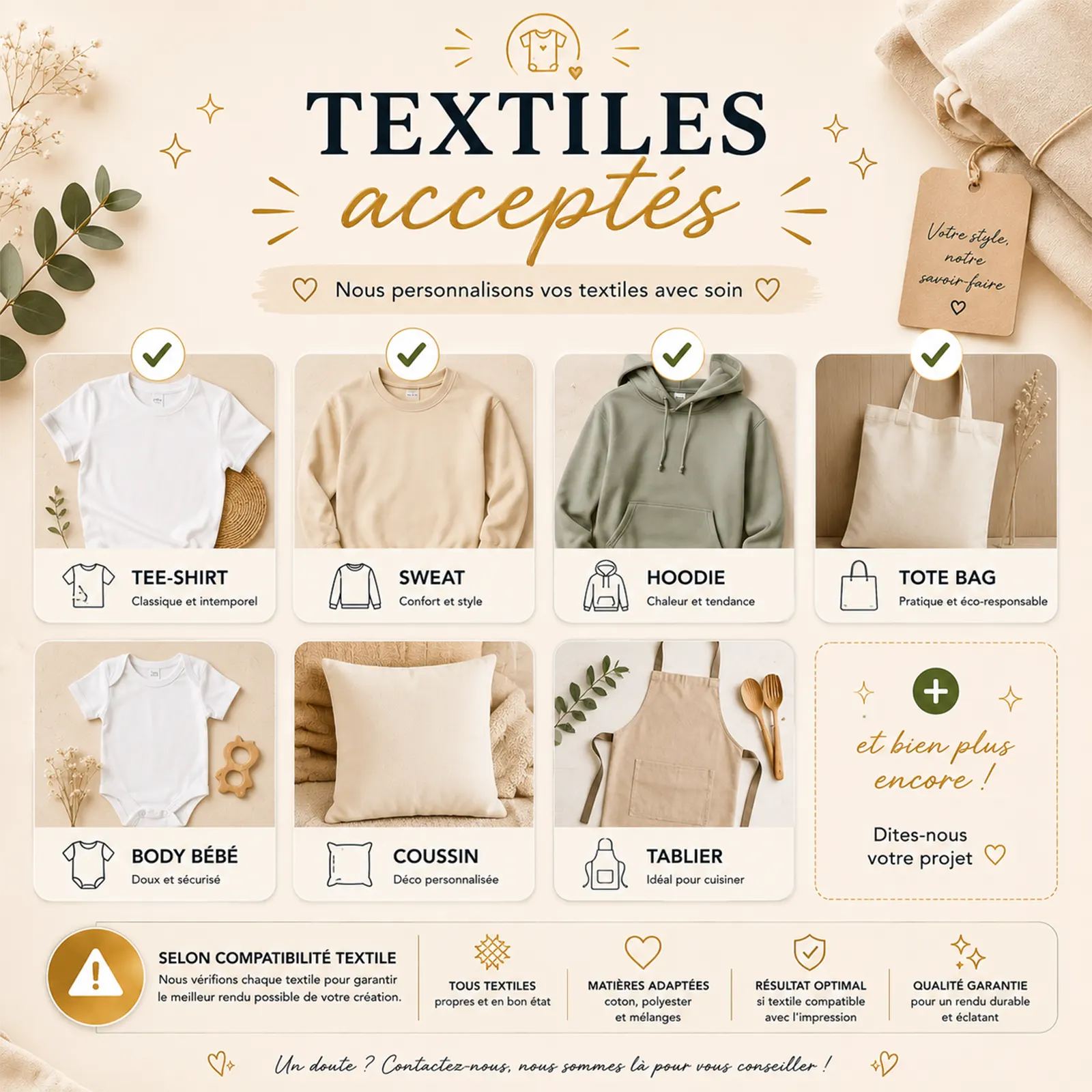 Sélection de textiles acceptés : tee-shirt blanc, sweat beige, hoodie vert, tote bag, body bébé, coussin et tablier