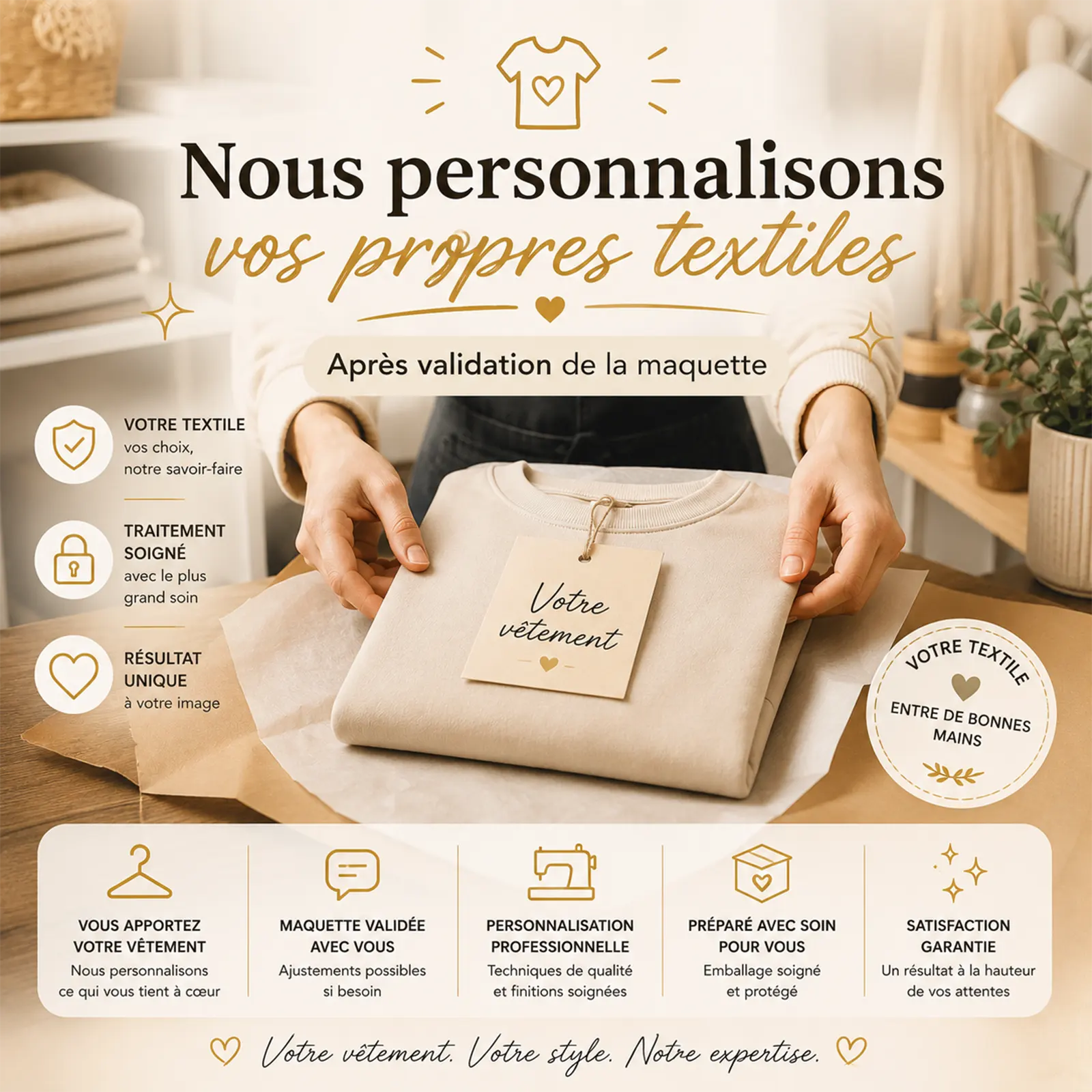 Mains présentant un sweat beige plié avec une étiquette Votre vêtement, prêt à personnaliser