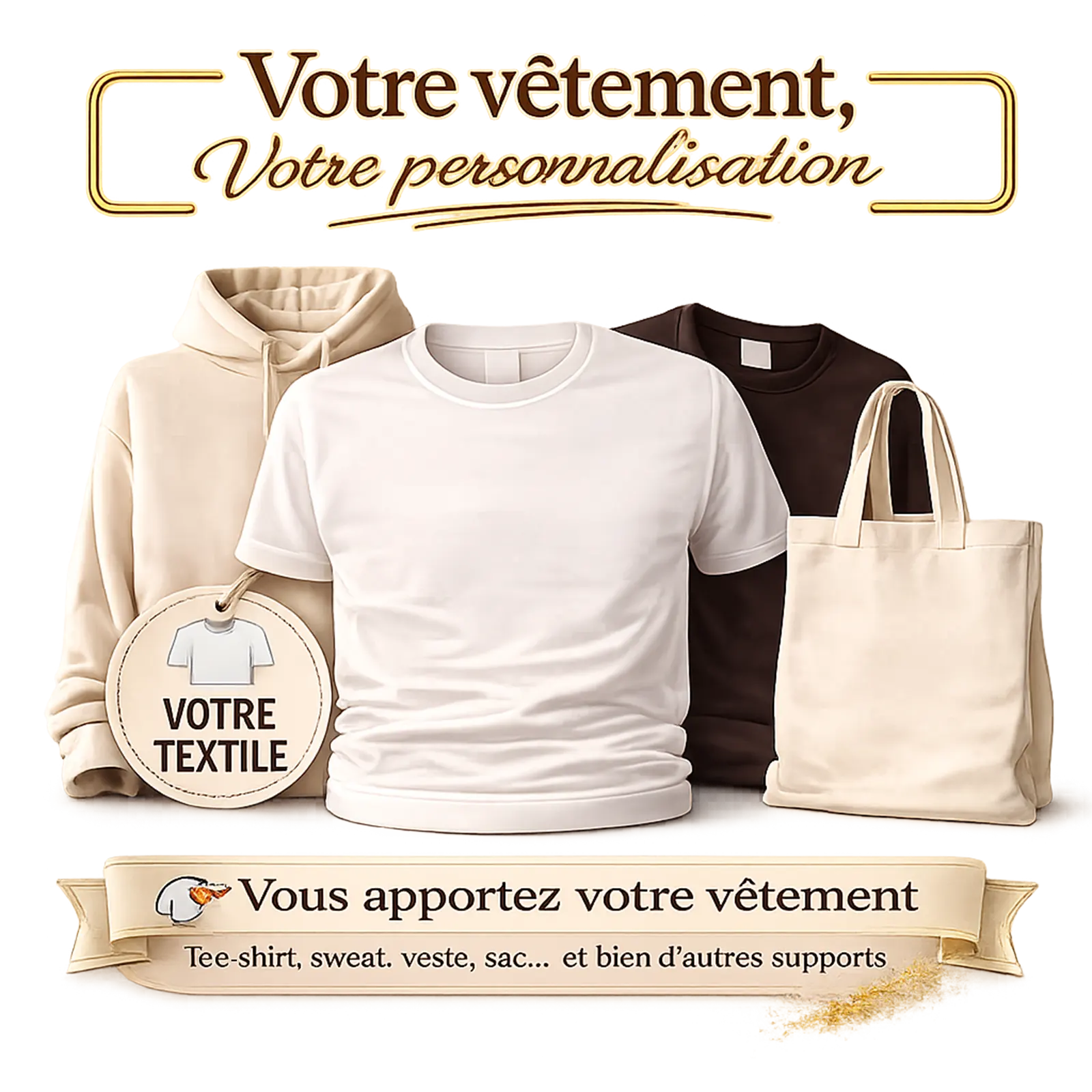 Sweat à capuche beige, tee-shirts blanc et marron et tote bag en toile, supports textiles à personnaliser par impression