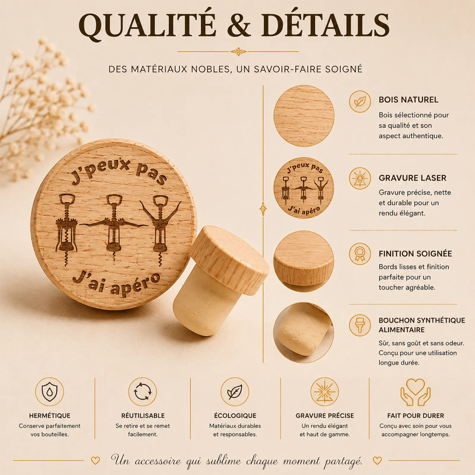 Bouchon de bouteille en bois gravé J'peux pas j'ai apéro, illustré de trois tire-bouchons, avec son embout