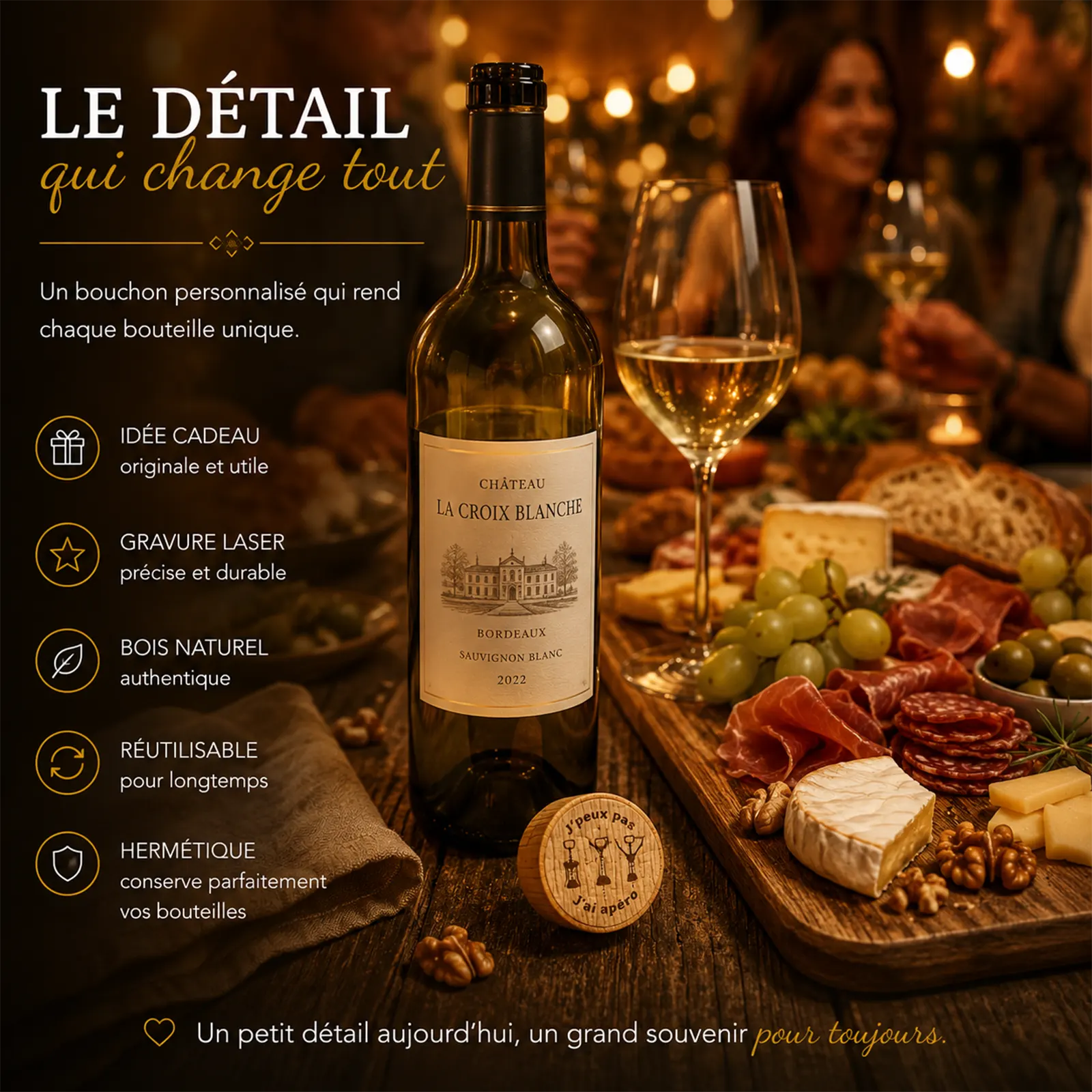 Planche apéro avec charcuterie et fromage, une bouteille de vin blanc et le bouchon en bois gravé J'peux pas j'ai apéro