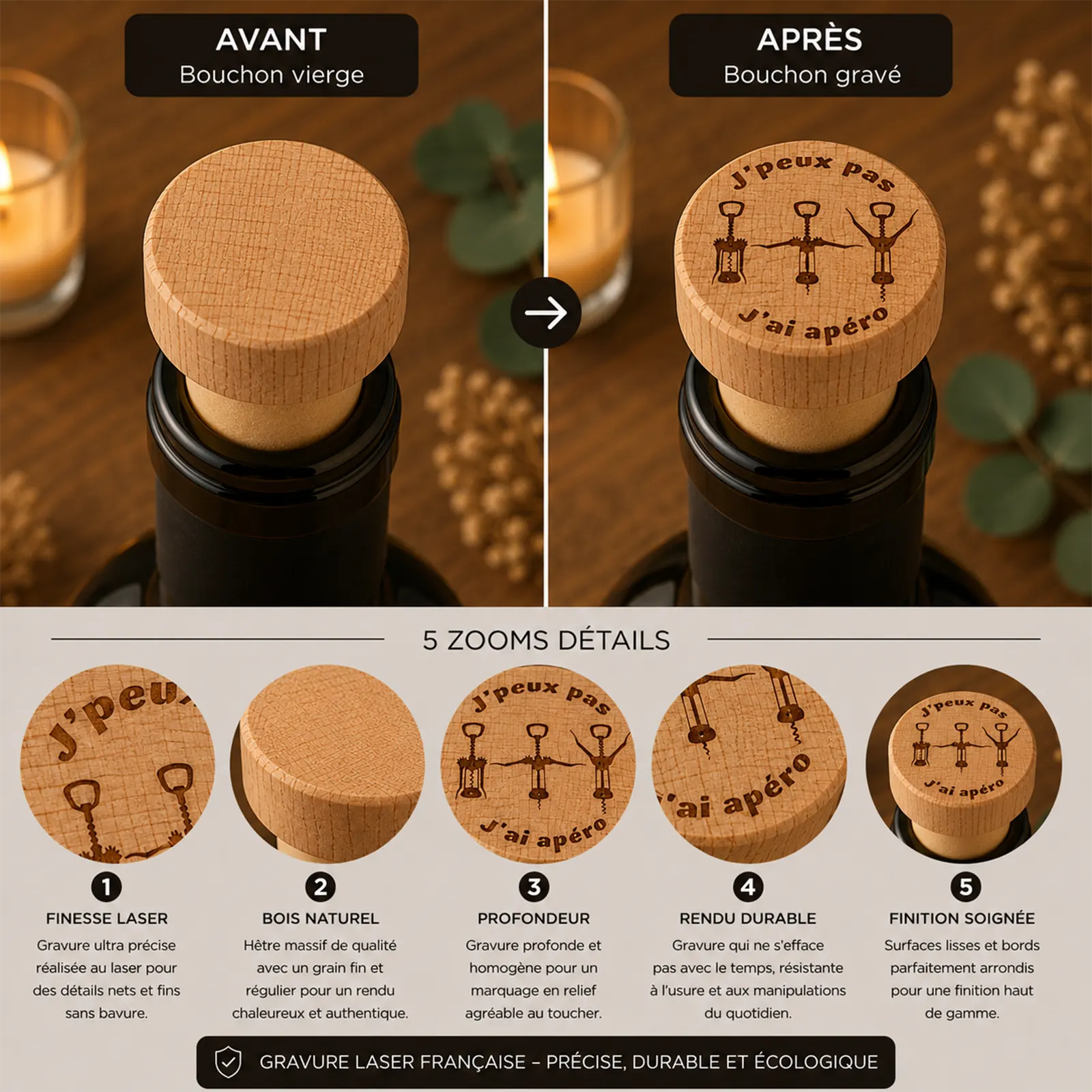 Avant/après d'un bouchon en bois, gravé de la formule J'peux pas j'ai apéro et de trois tire-bouchons