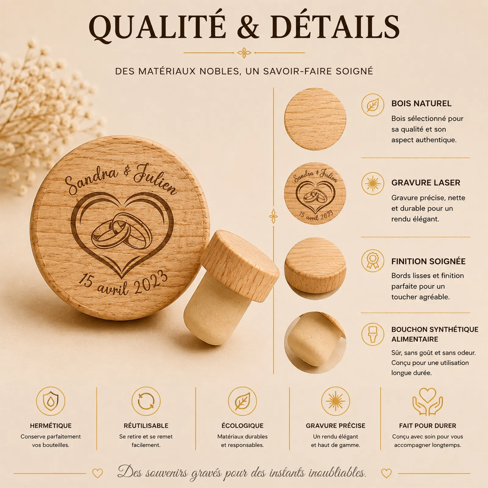 Bouchon de bouteille en bois gravé de deux alliances dans un cœur, prénoms et date à personnaliser, avec son embout