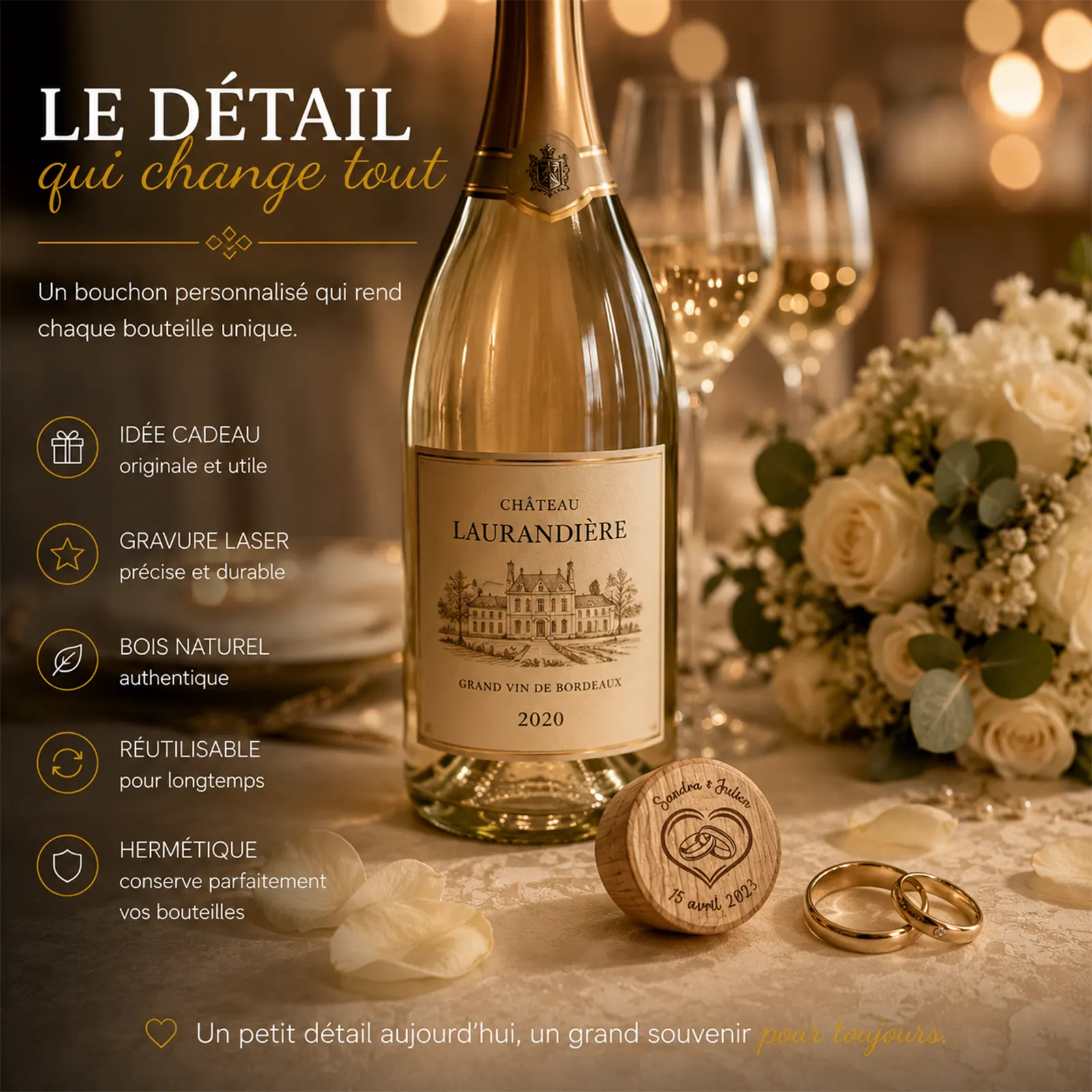 Bouchon en bois gravé d'un cœur et d'alliances, posé sur une table de mariage près d'un bouquet de roses blanches